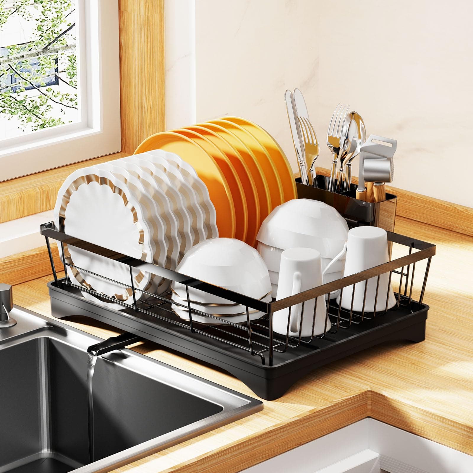 Super Spacious & Compact Kitchen Dish Drying Rack, 360° Rotary Spout, Rustproof Black Organizer