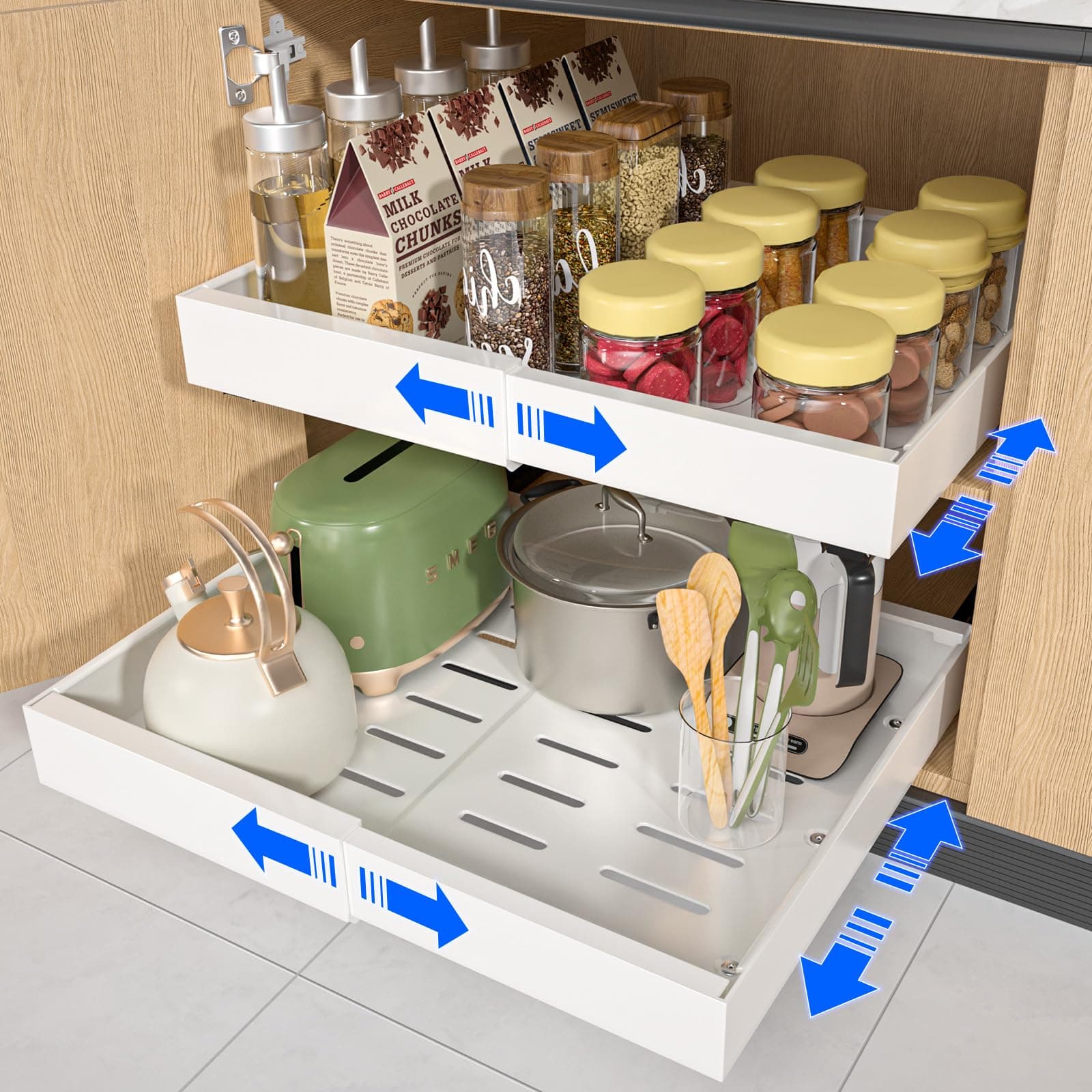 2 Pack Expandable White Pull Out Cabinet Organizers, 12.6''-21'' Width, 21'' Deep, Kitchen & Bathroom Storage