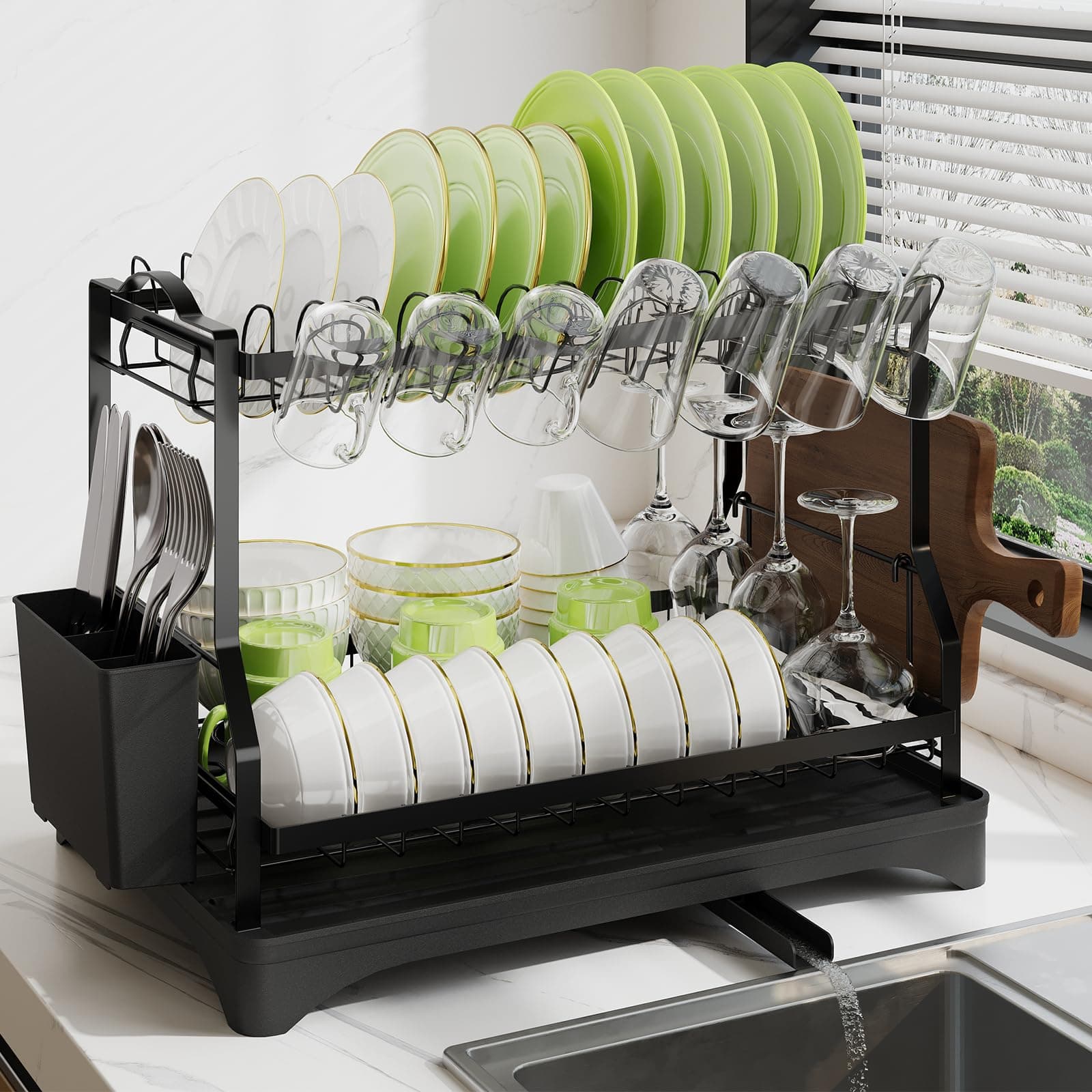 2-Tier Dish Drying Rack for Kitchen Counter - Space-Saving, Large Capacity with Drainboard, Screw-Free Mounting, Black