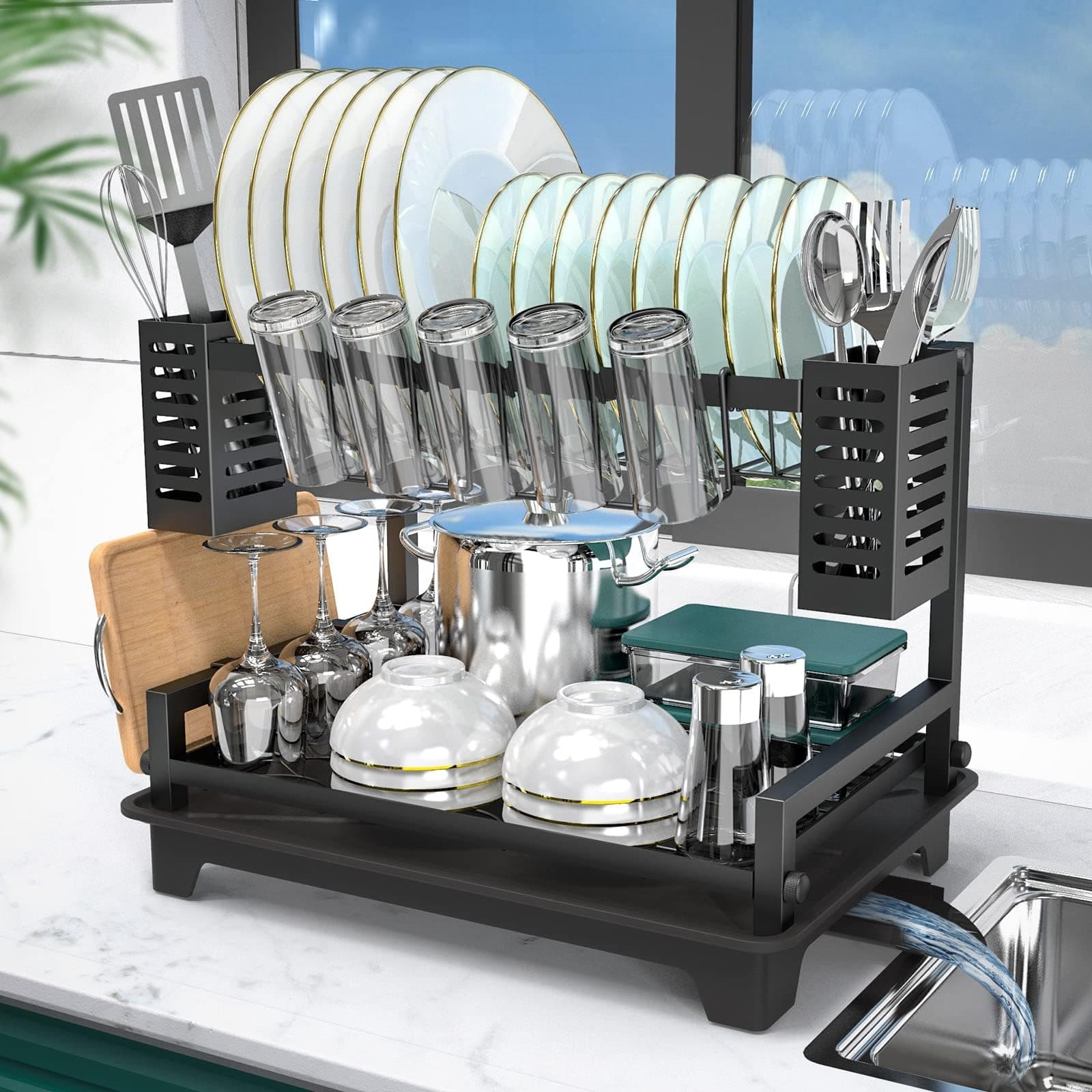 B-Land 2-Tier Kitchen Dish Drying Rack with Drainboard and Utensil Holders
