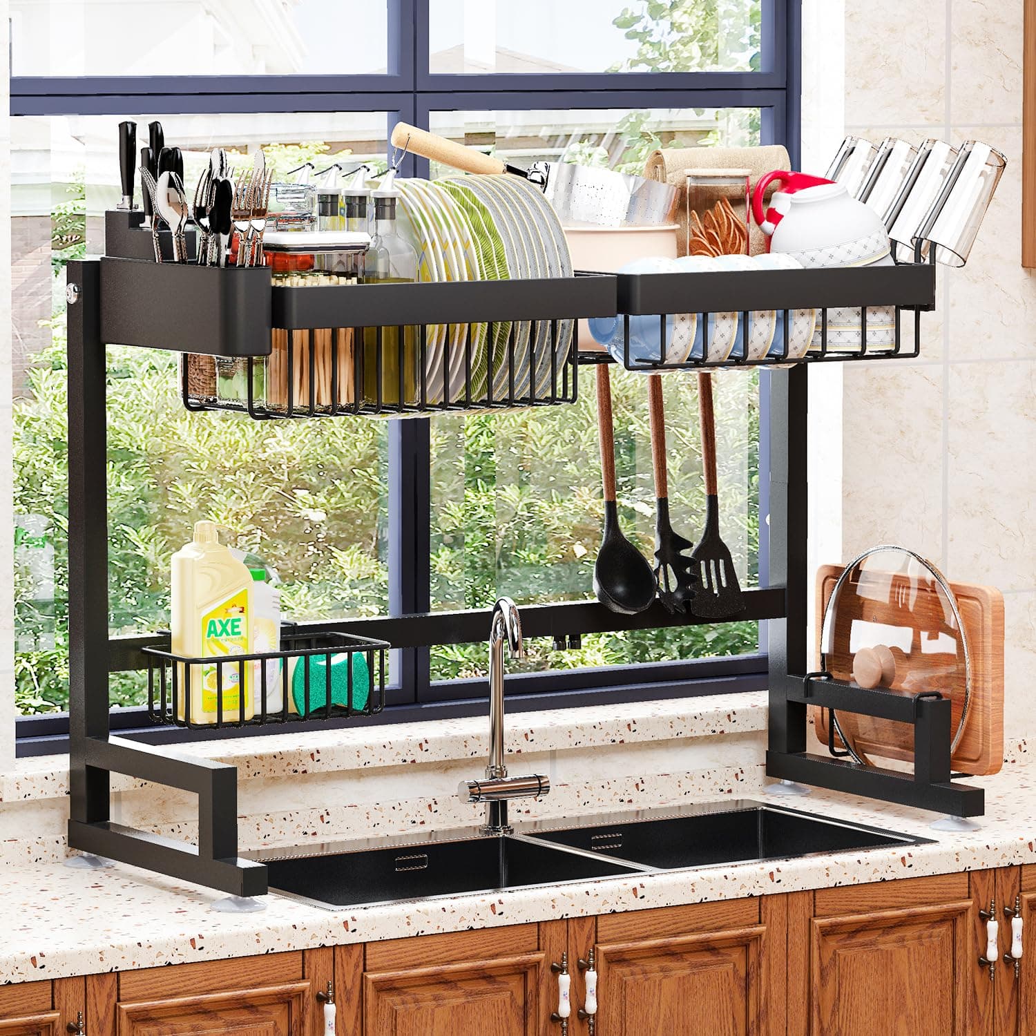 Expandable Over-Sink Dish Drying Rack - Snap-On Design, 24" - 35.5" L x 12" W x 19" - 22" H