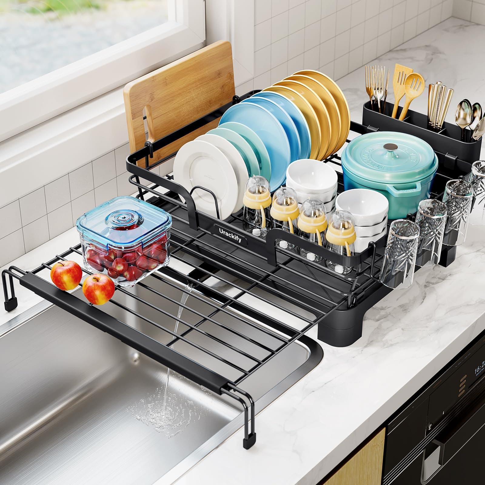 Extendable Kitchen Dish Drying Rack, Black, 2-in-1 Expandable Over Sink Strainer & Drainer