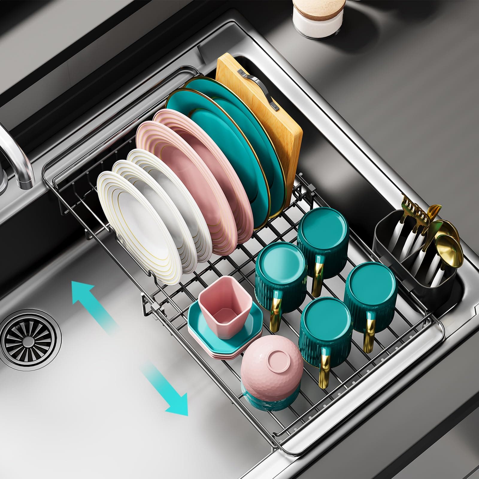 Expandable Sink Dish Drying Rack - Rustproof & Adjustable Kitchen Utensil Holder