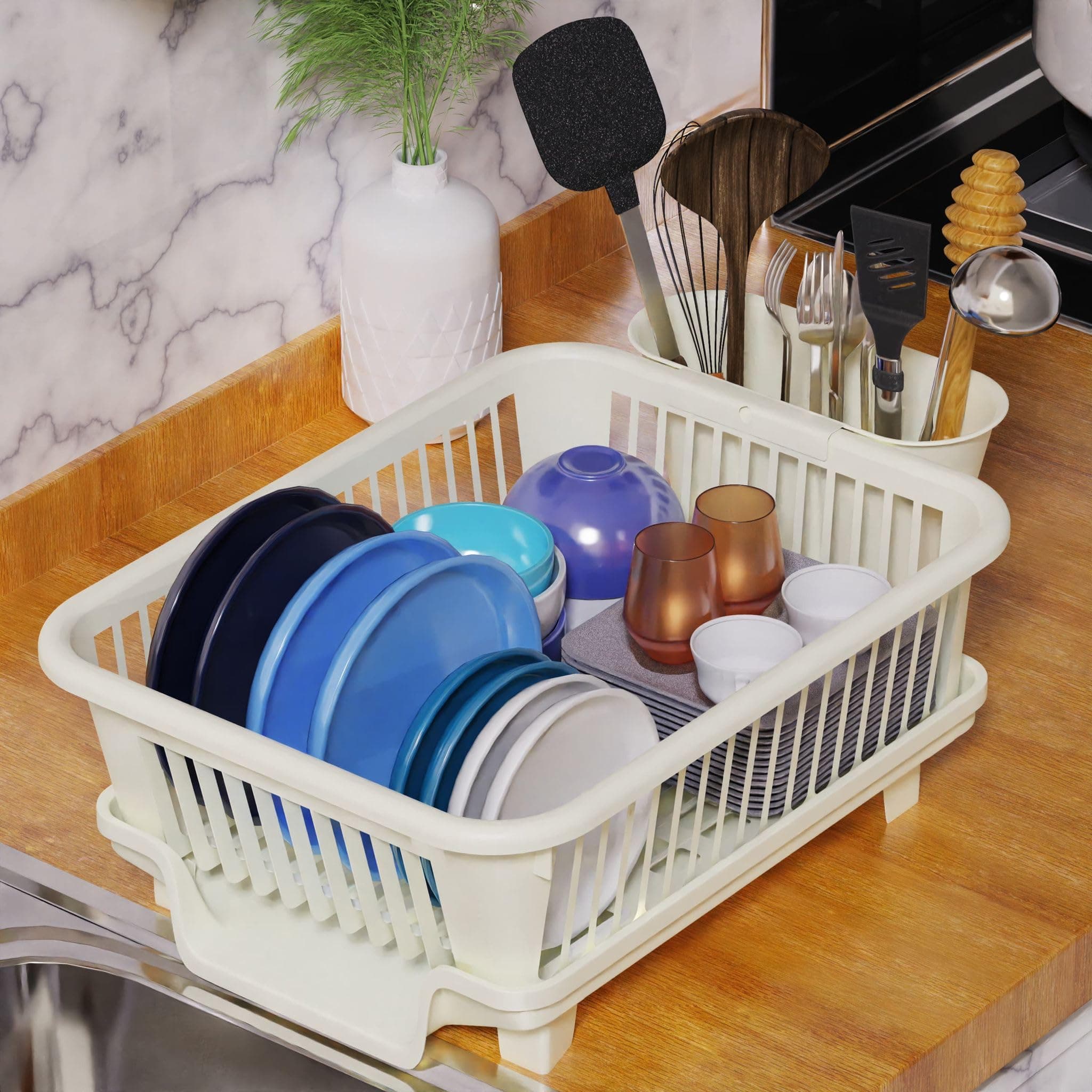 Space-Saving 3PC Large Plastic Dish Drying Rack with Cutlery Holder