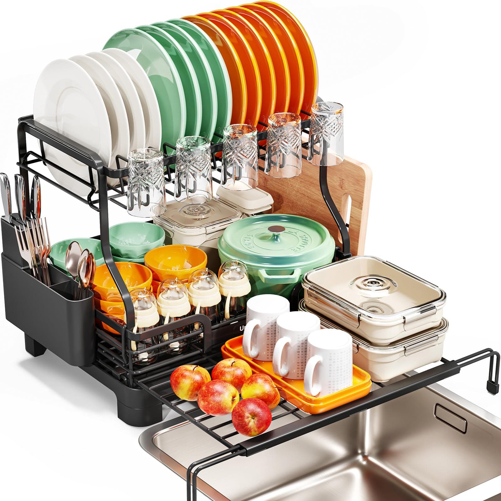 Expandable 2-Tier Dish Rack with Drainboard & Cup Holder for Kitchen Counter, Black