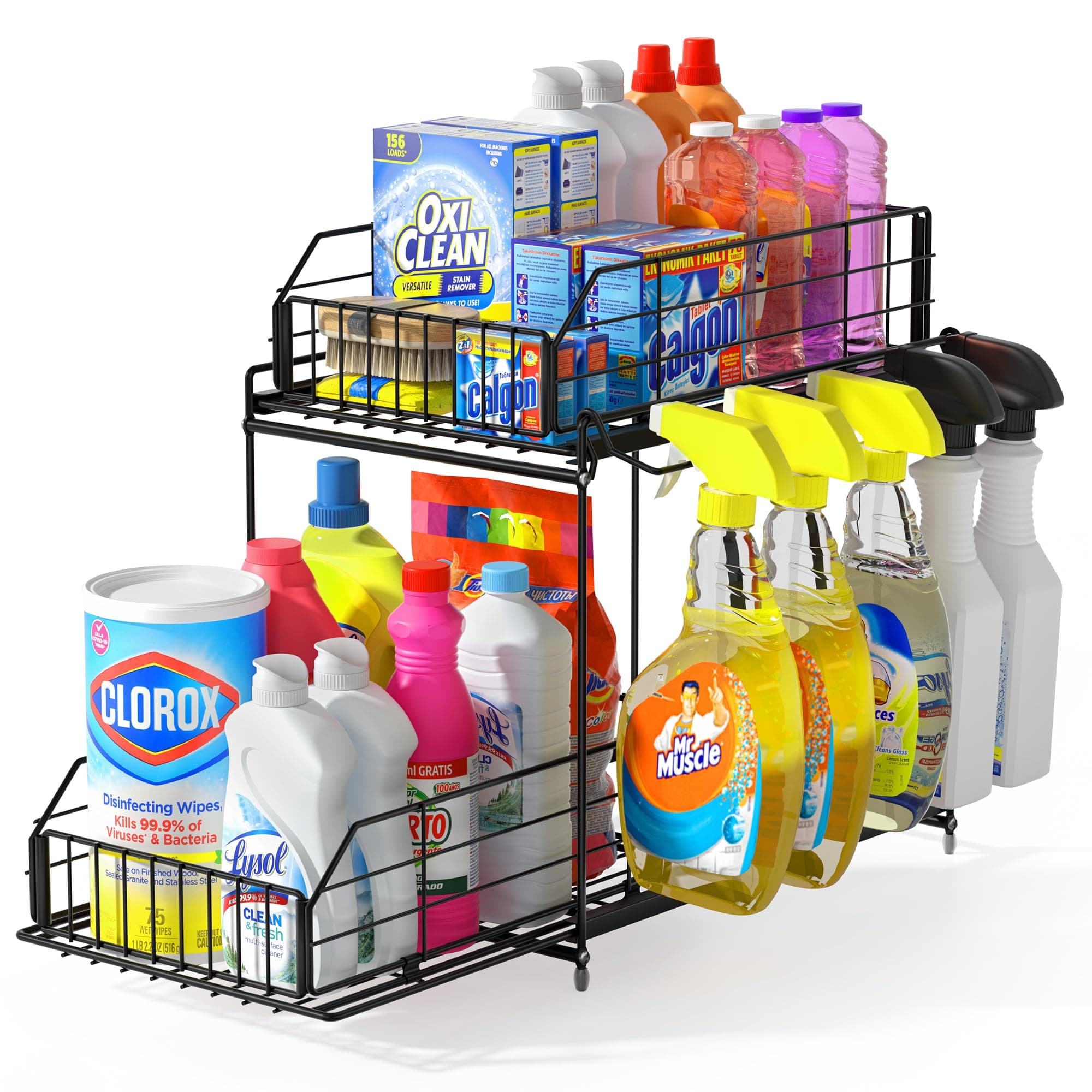 SUEH DESIGN 2 Tier Under Sink Organizer with Hanging Rail for Kitchen & Bathroom