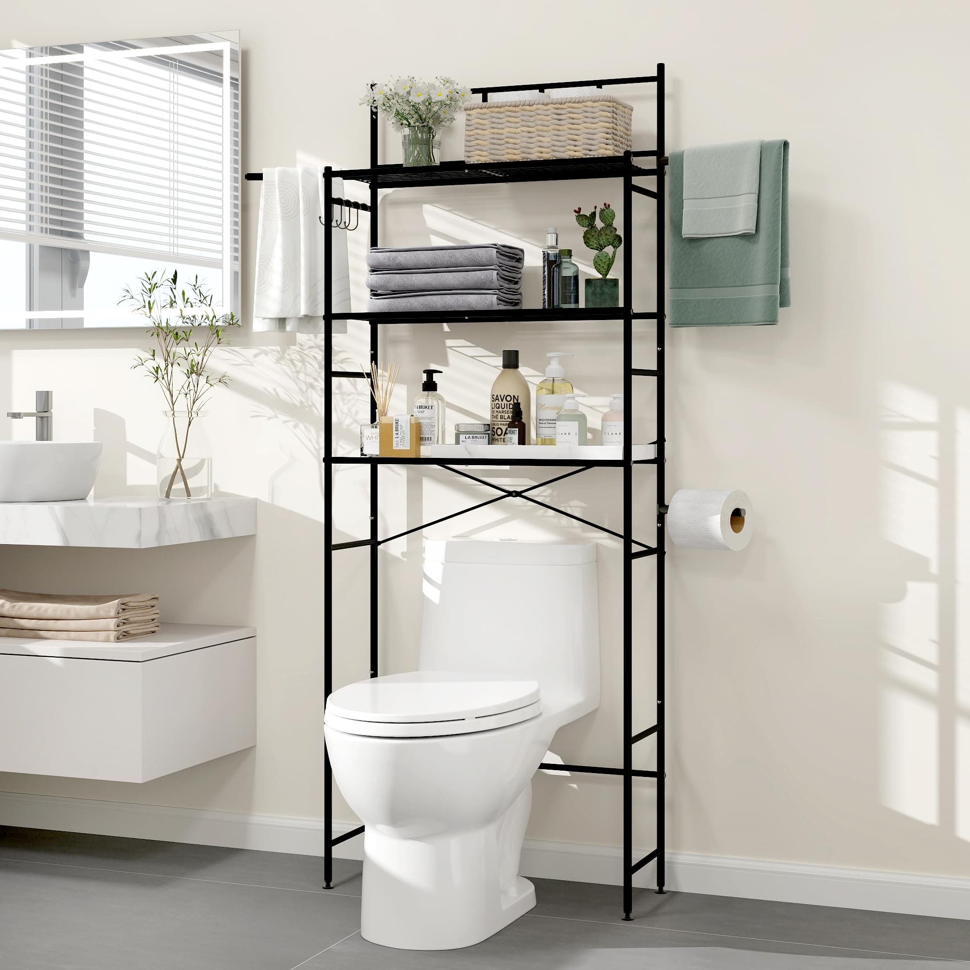 Black 3 Tier X-Bar Bathroom Organizer Above Toilet with 4 Hooks