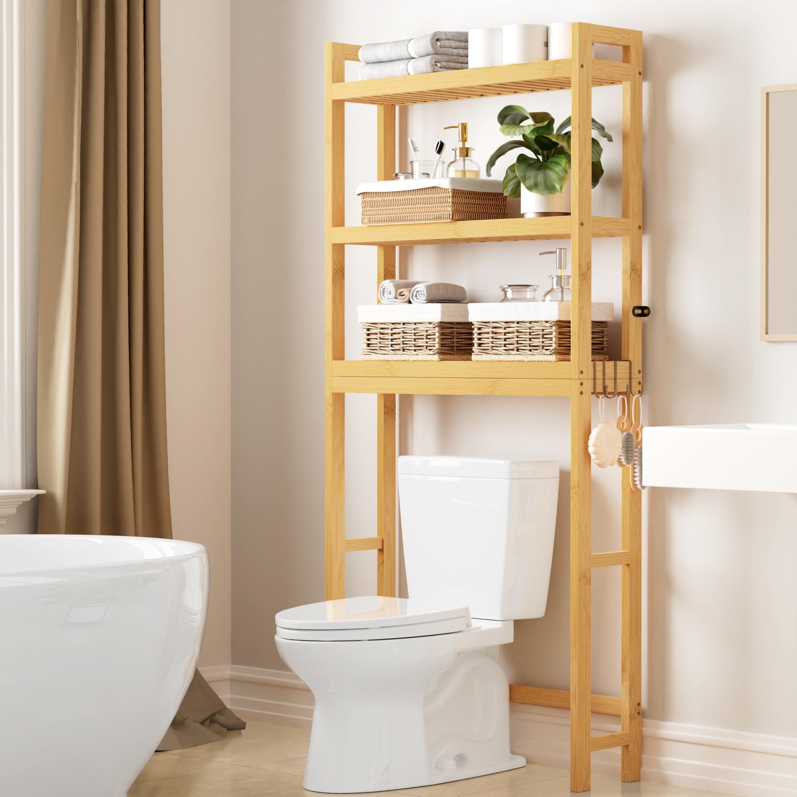Smiry Bamboo 3-Tier Over Toilet Organizer, Stable Freestanding Shelf with 4 Hooks