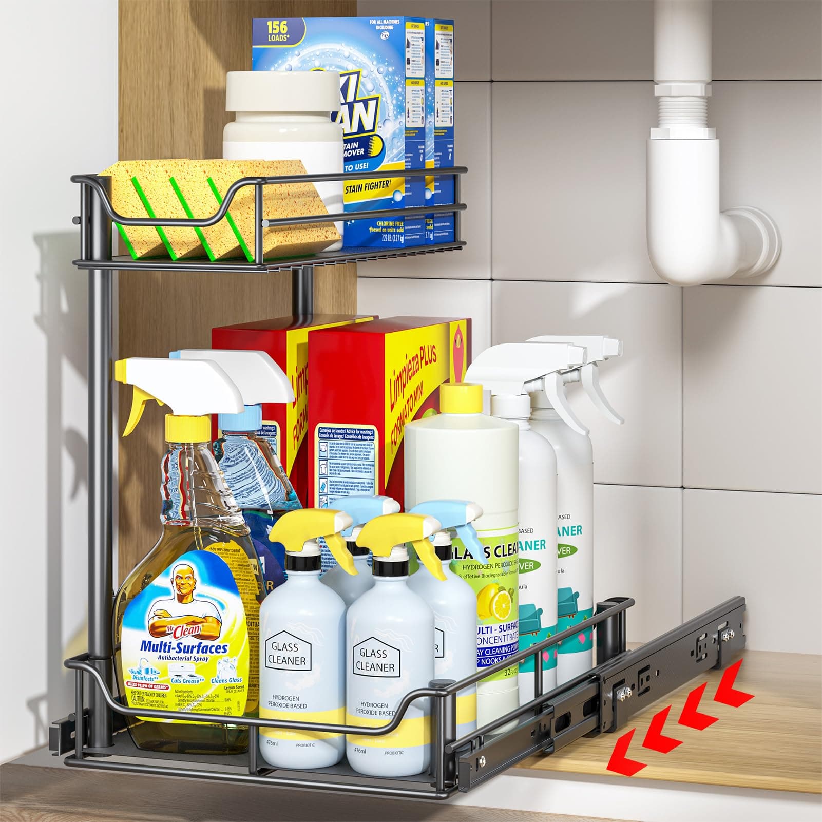 LAMU Under Sink Organizer with Upgraded Slides for Kitchen and Bathroom Storage