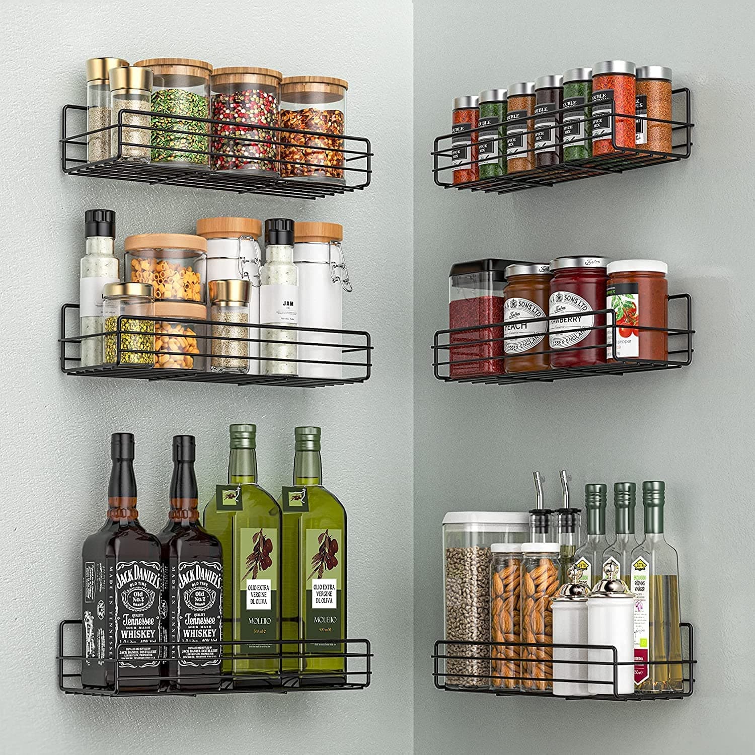 Moforoco Wall-Mount Spice Rack Organizer (6-Pack) - Black Pantry Shelves for Farmhouse Kitchen Decor