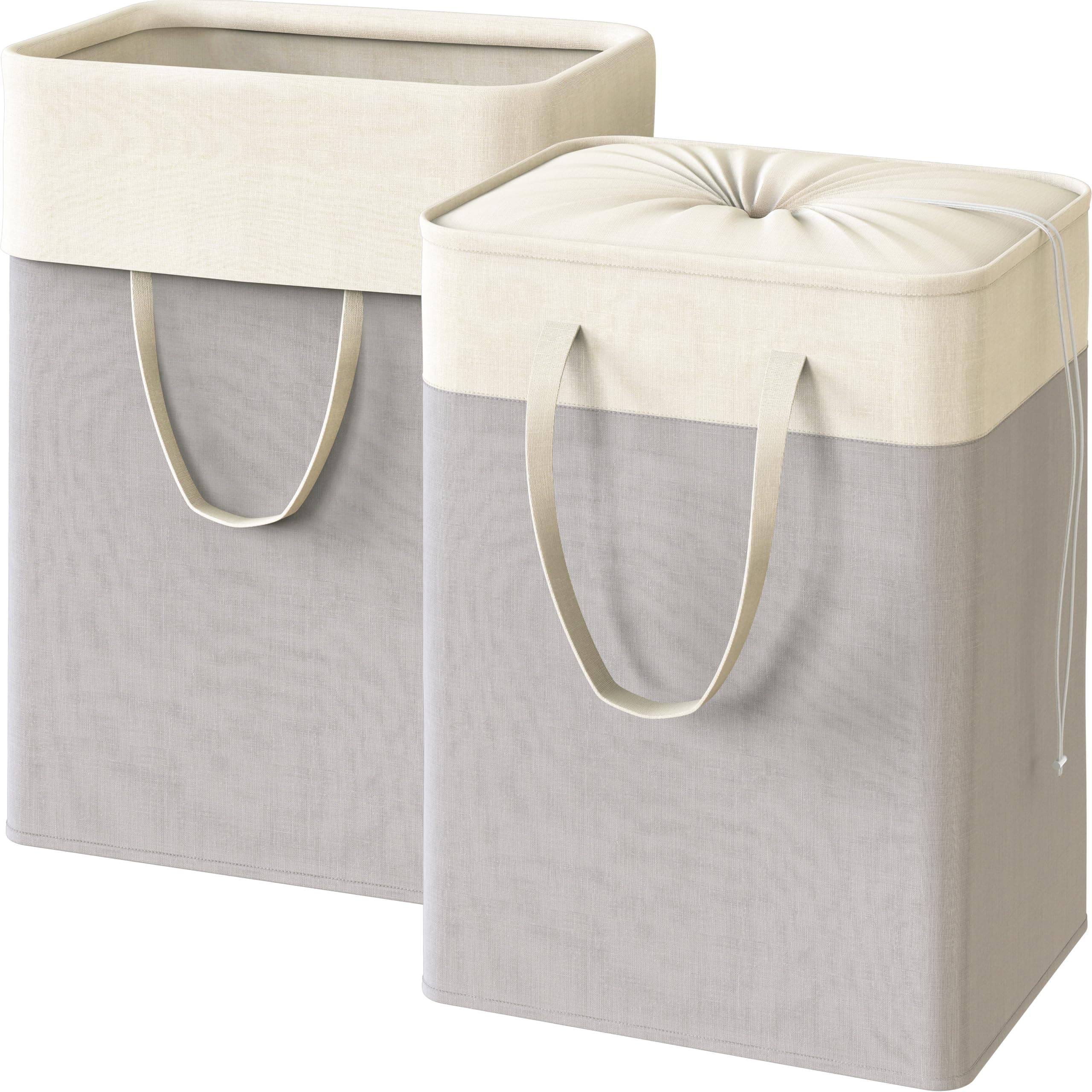 Gray Collapsible Laundry Hamper, 75L Rectangle Cotton Basket with Drawstring Handles, Pack of 2