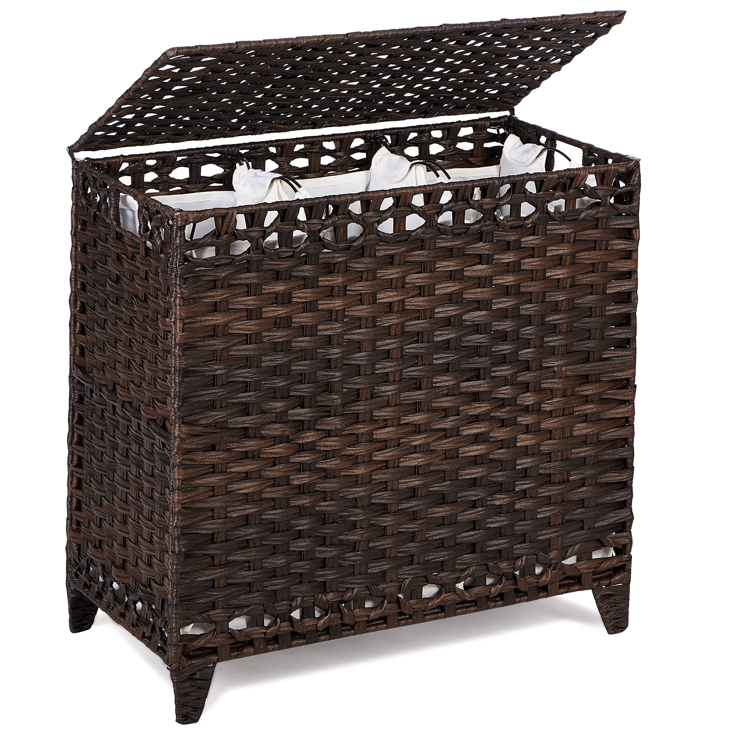 Laundry Basket with 3 Liner Bags; 132L Rattan Basket with Lid & Feet; Sorter with 3 Sections (Brown)