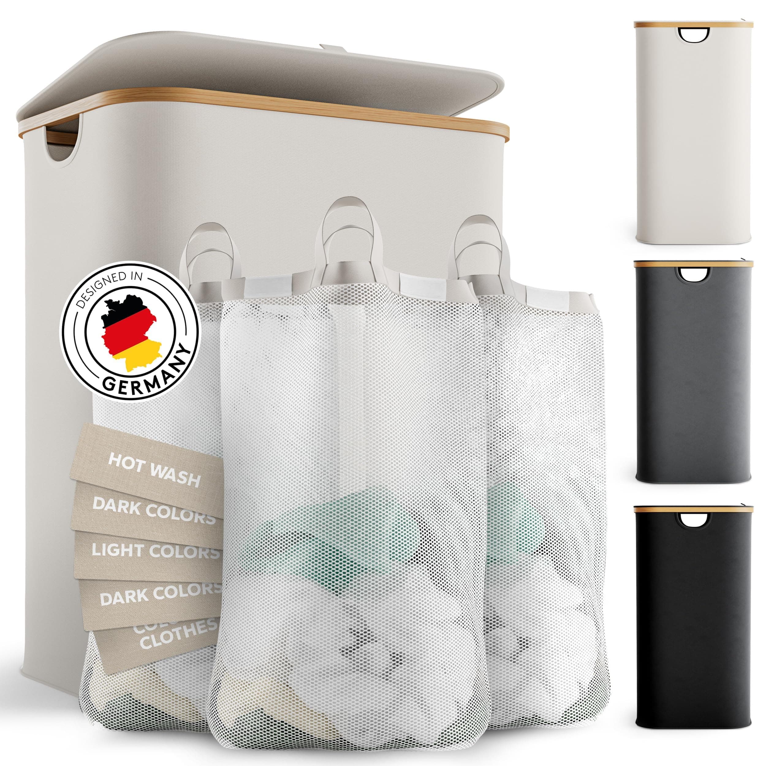 EDELFELD - Collapsible Laundry Hamper with Lid and 3 Sections [150L] - Removable Washing Bags - Large Freestanding Hampers for Laundry
