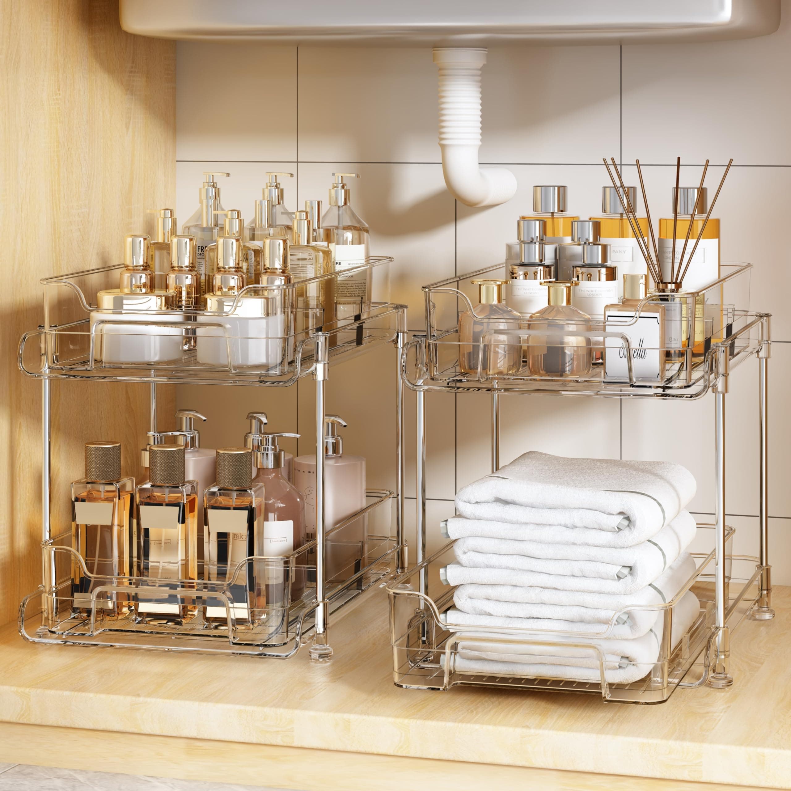Under Sink Organizer Set: 2 Stackable Clear Bathroom Storage Drawer Bins with Dividers for Kitchen, Pantry, and Closet