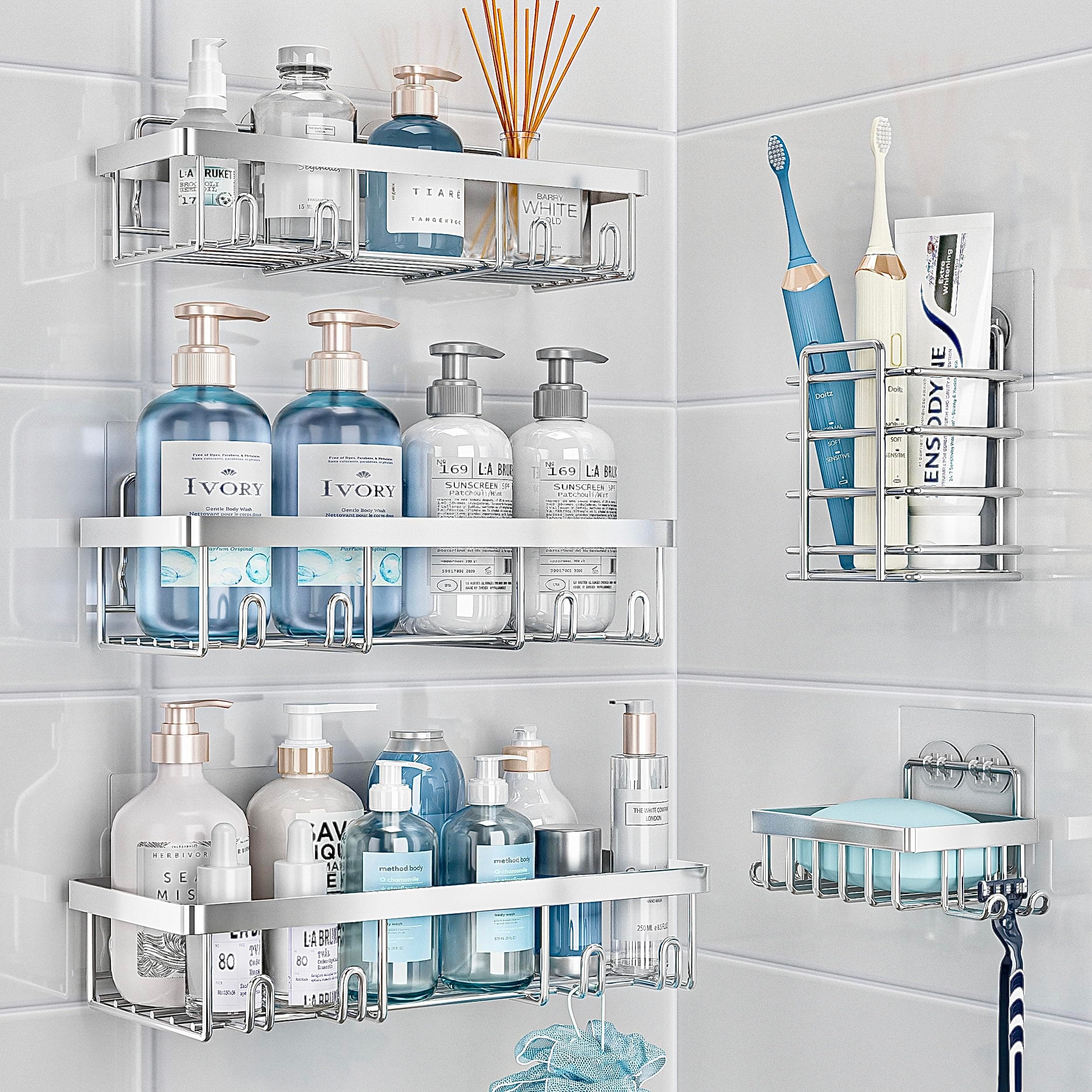 5 Pack Rustproof Stainless Steel Shower Caddy Organizer, Silver