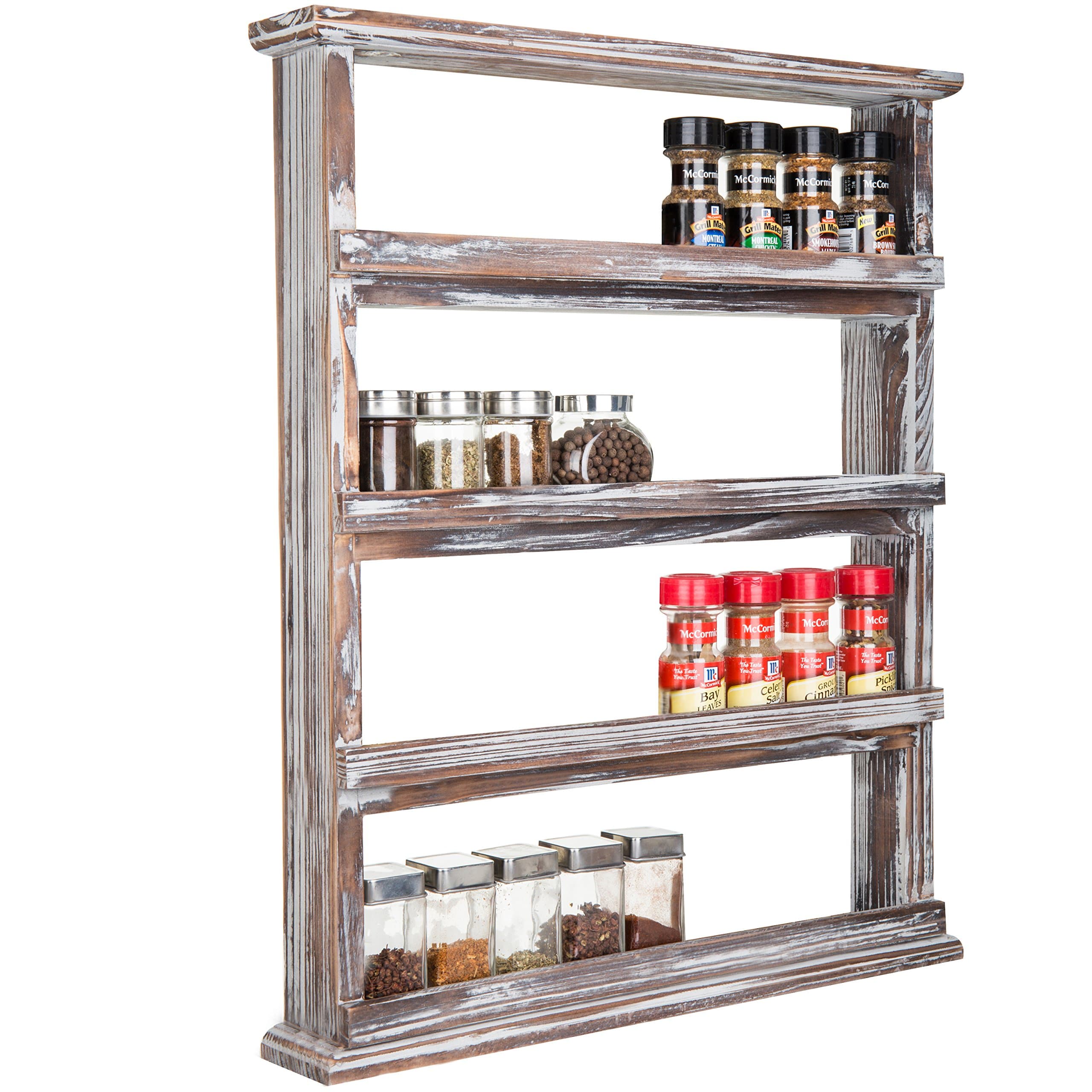 Rustic Torched Wood 4-Tier Spice Rack Wall Hanging Pantry Organizer