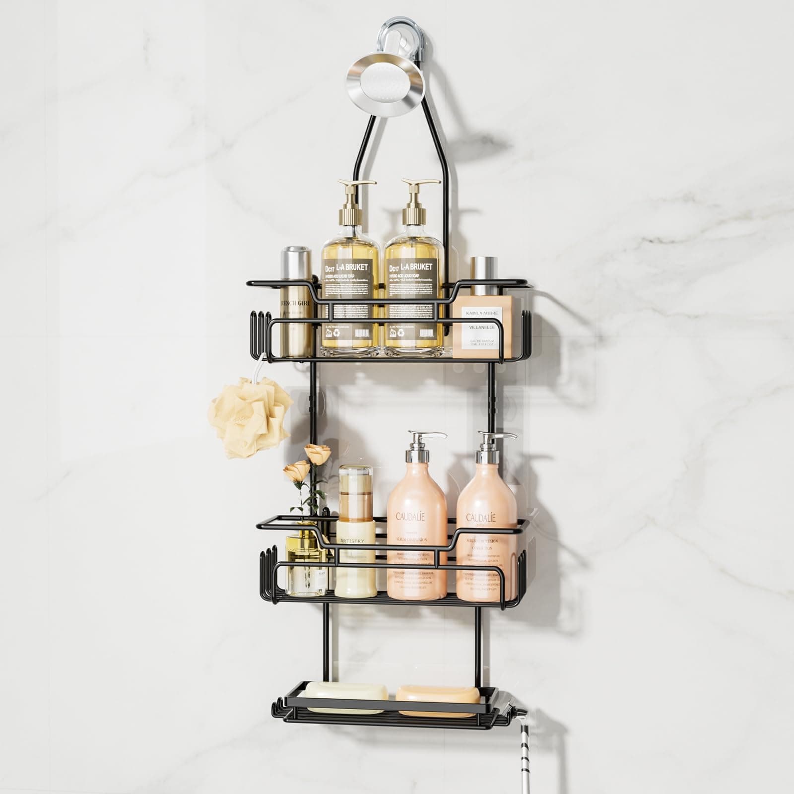 SWTYMIKI 3-Tier Over Shower Head Organizer - Black, 16 Hooks, Anti-Swing, Rustproof