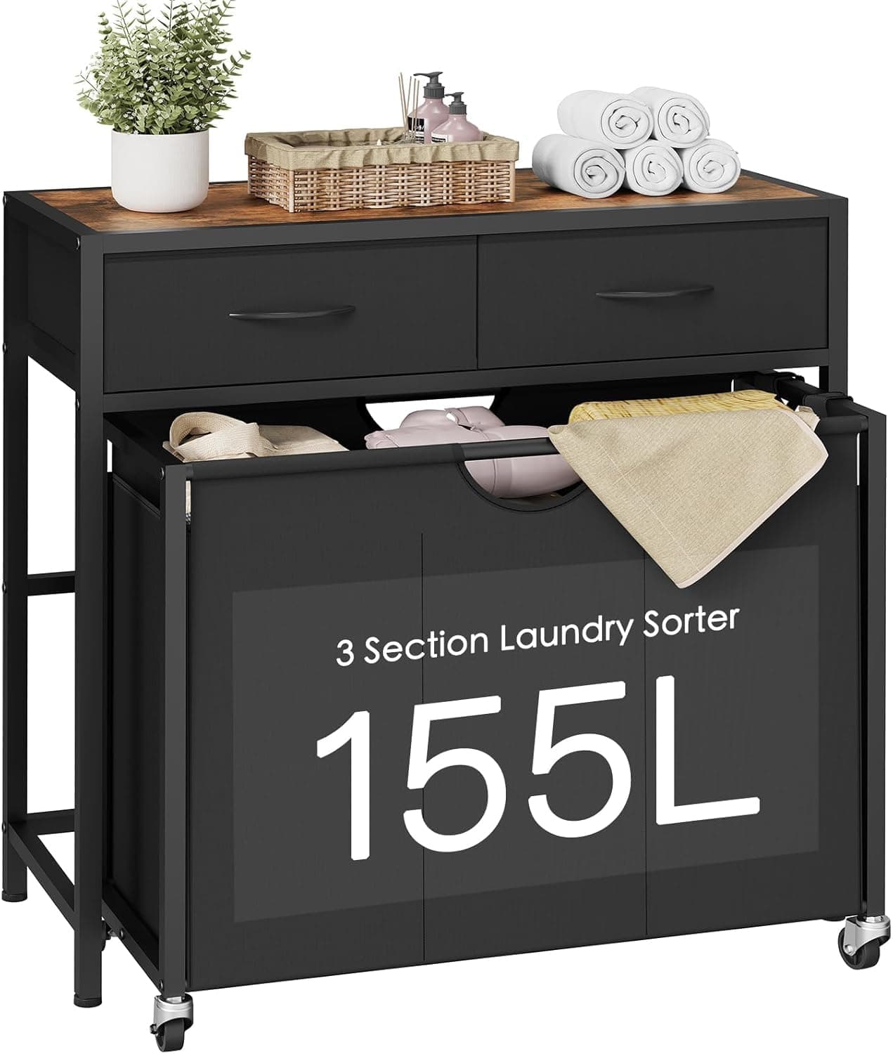 Laundry Sorter with Wheels and Drawers for Easy Organization in Laundry Room, Bathroom, Bedroom
