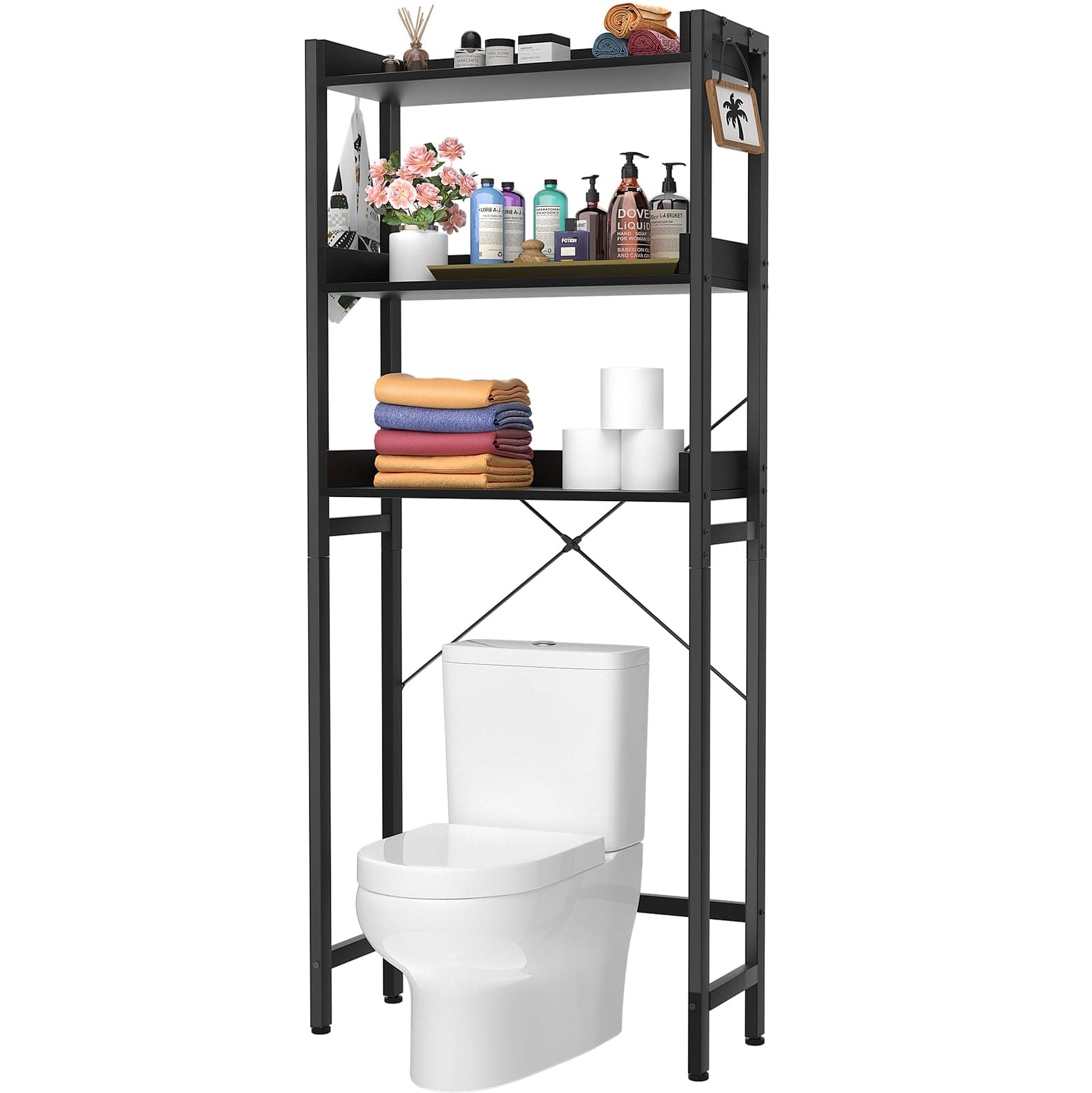 Freestanding Over-The-Toilet Storage Rack, 3-Tier Bathroom Organizer Shelf with Hooks - Black
