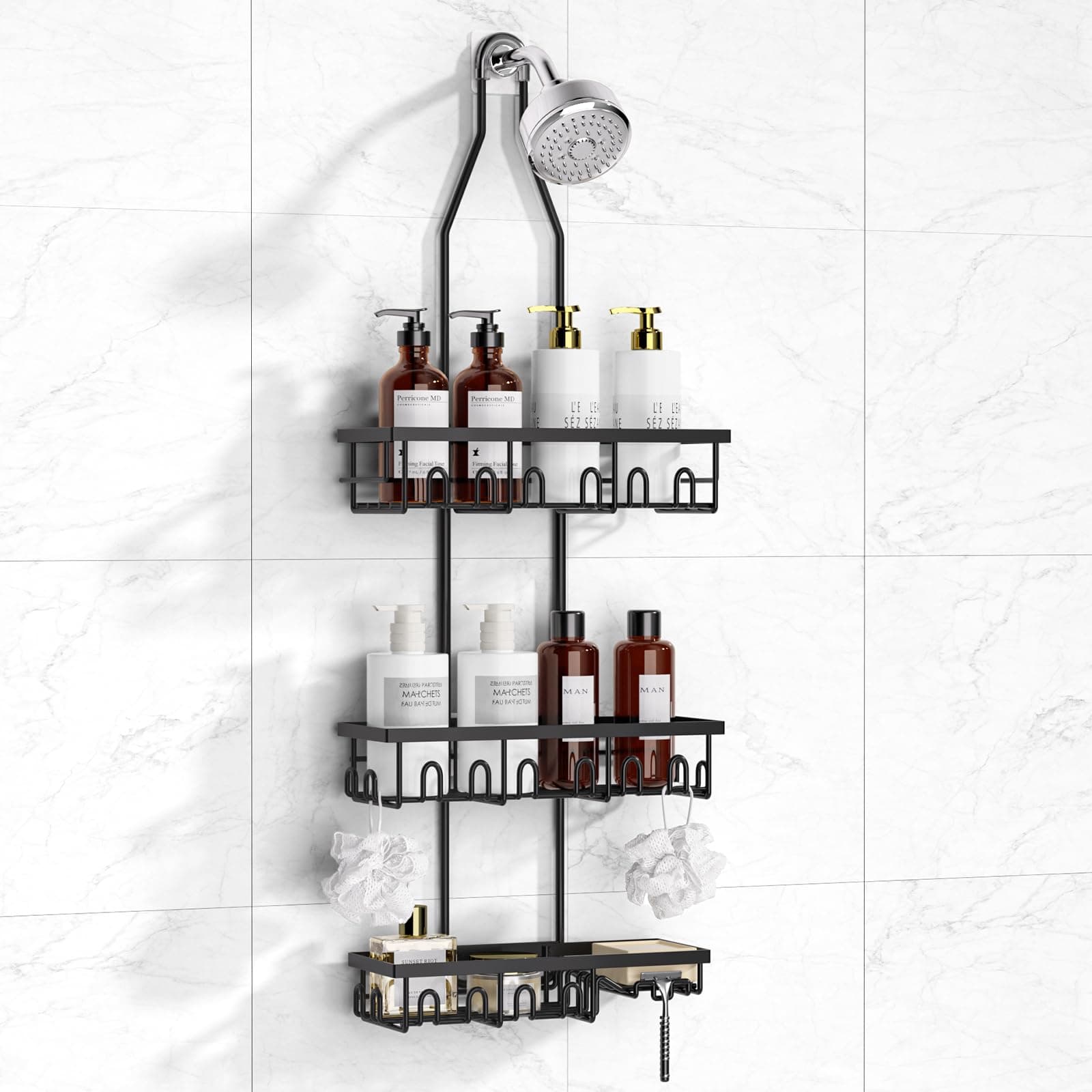 Rustproof Black Shower Caddy with Extendable Rack & Soap Holder