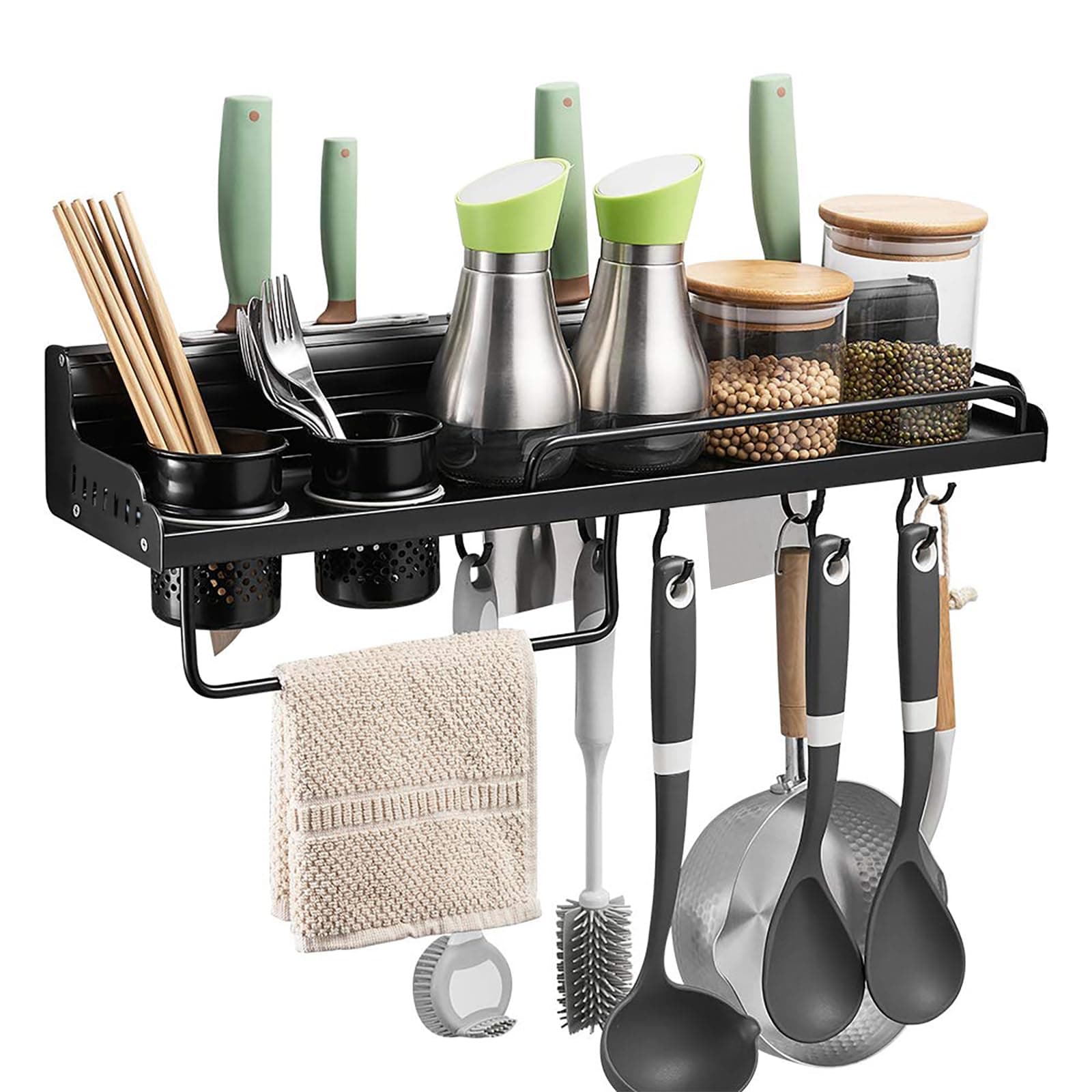 Space-Saving Hanging Spice & Pot Rack with Hooks, Kitchen Utensil Organizer