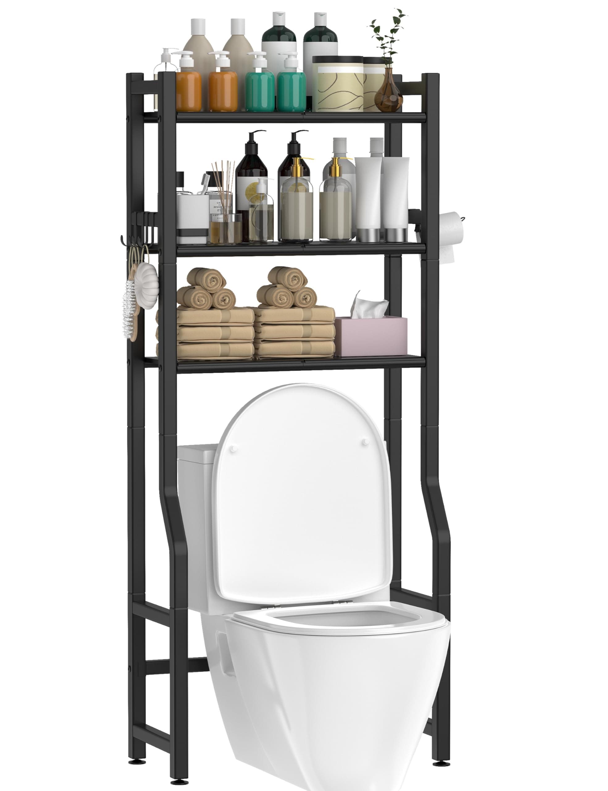 Black 3-Tier Over-the-Toilet Storage Rack with Hooks
