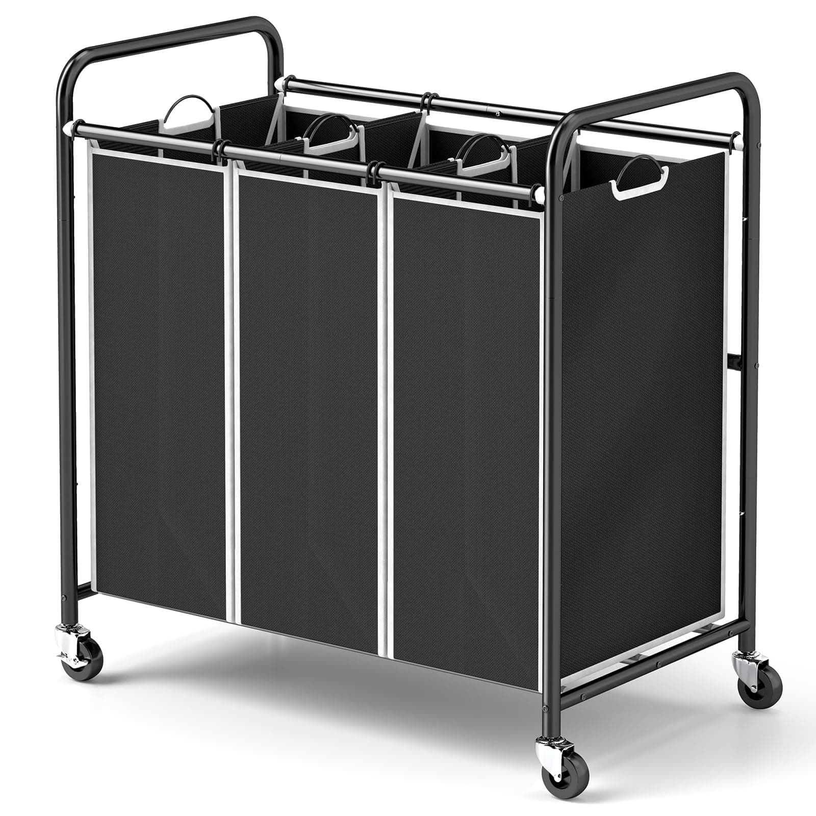 ROMOON 3-Compartment Laundry Sorter with Liners and Wheels – Space-Saving Apartment/Dorm Storage (Black)