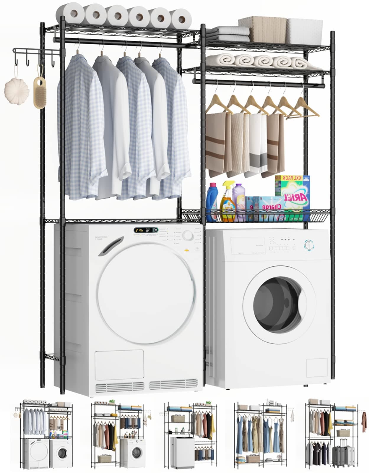 Loomie Over the Washer and Dryer Shelf, 5-Tier Organizational Rack with Hooks and Rods