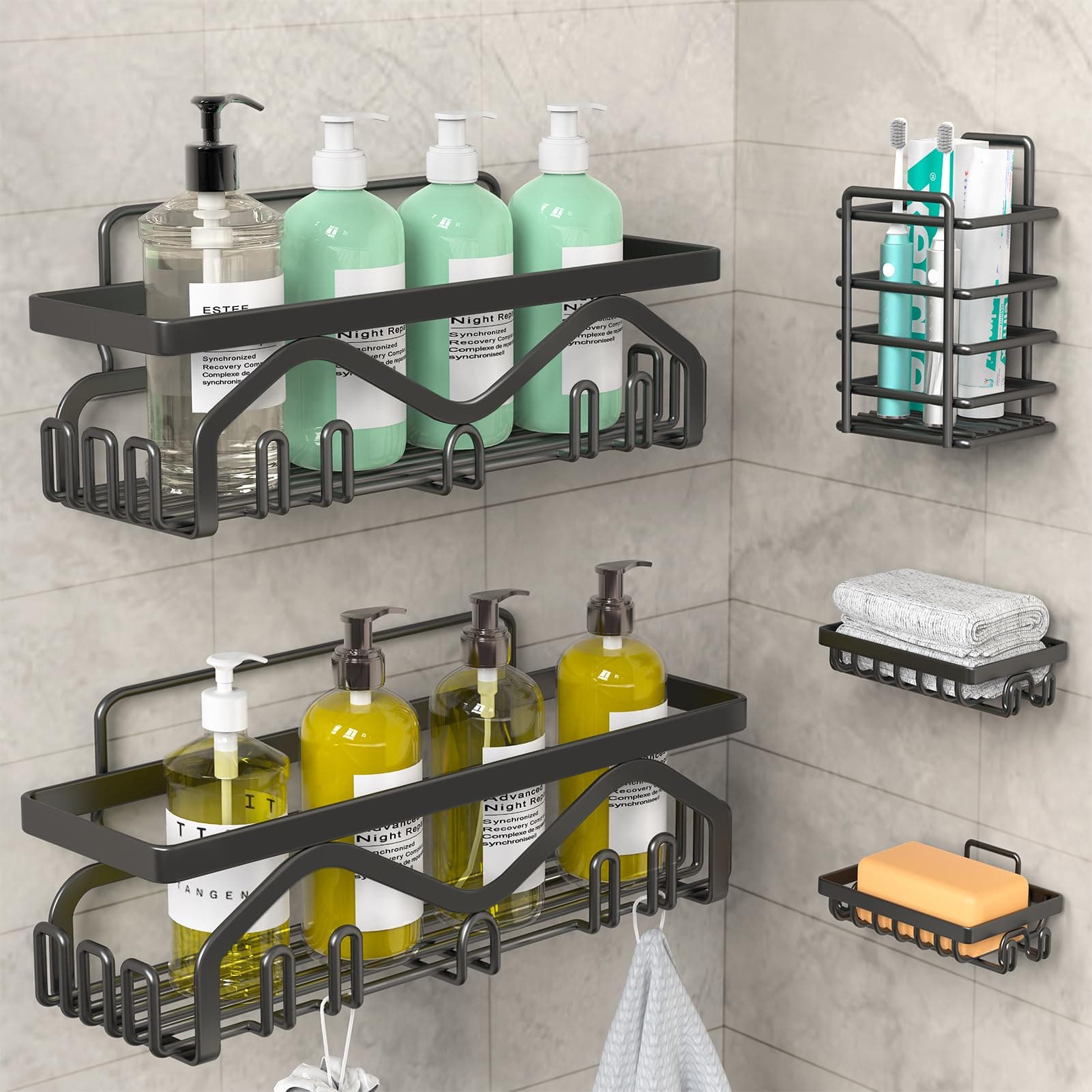 Coraje 5-Pack Adhesive Shower Organizer, Large Capacity, Rustproof (Black)