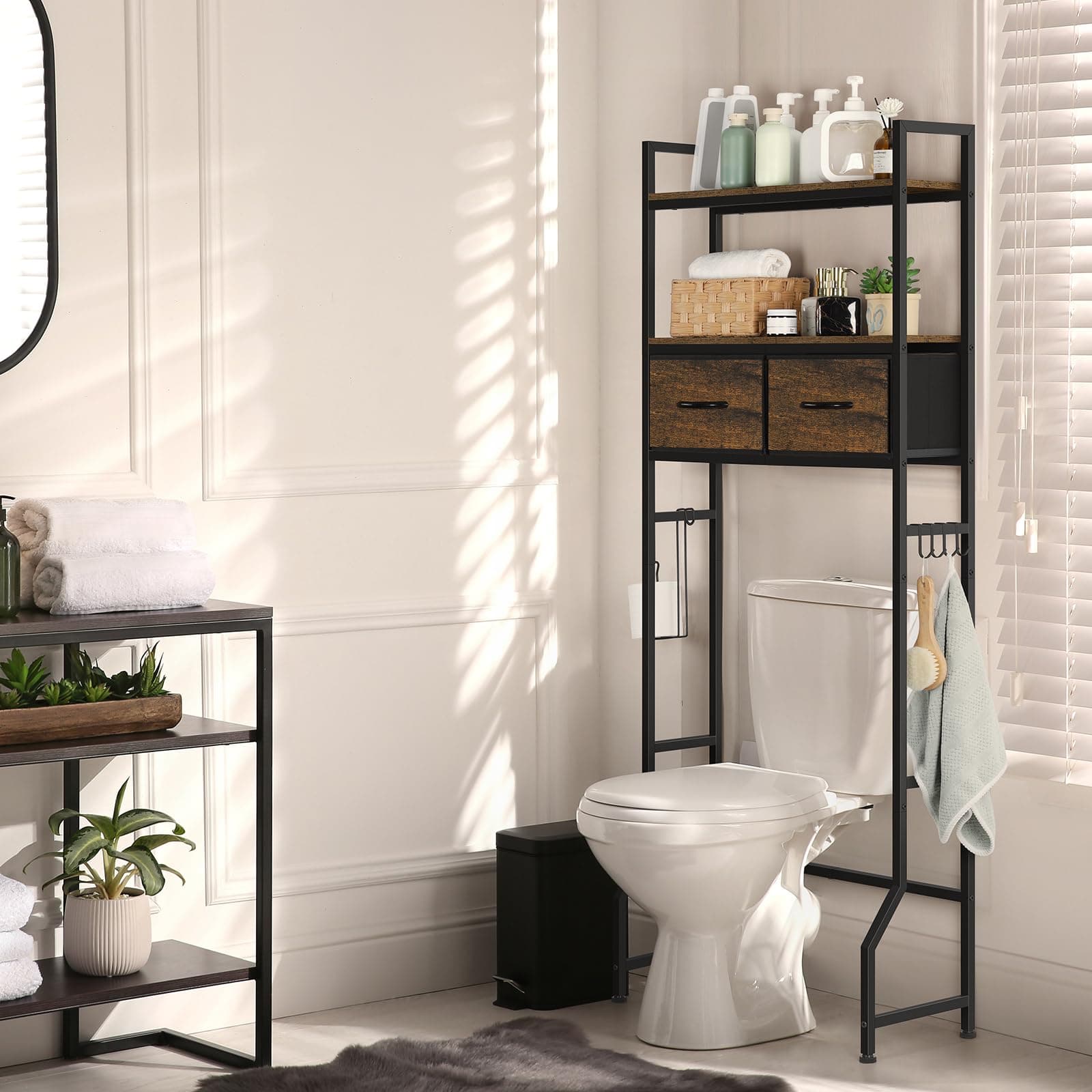 Rustic Brown ETELI Over Toilet Storage Cabinet with Fabric Drawers
