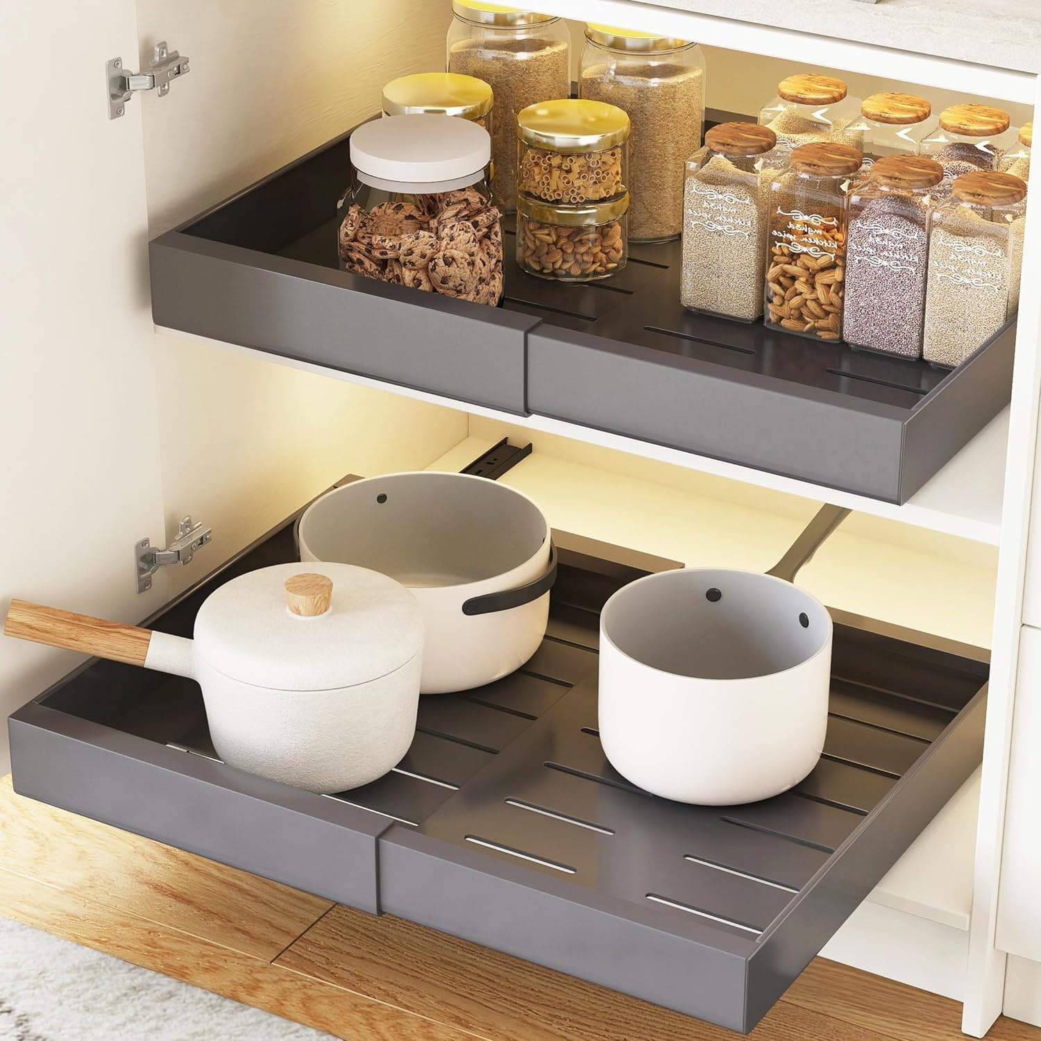 2 Pack COVAODQ Extendable Sliding Cabinet Organizer, Adjustable Width 12.4" to 20.4", Grey