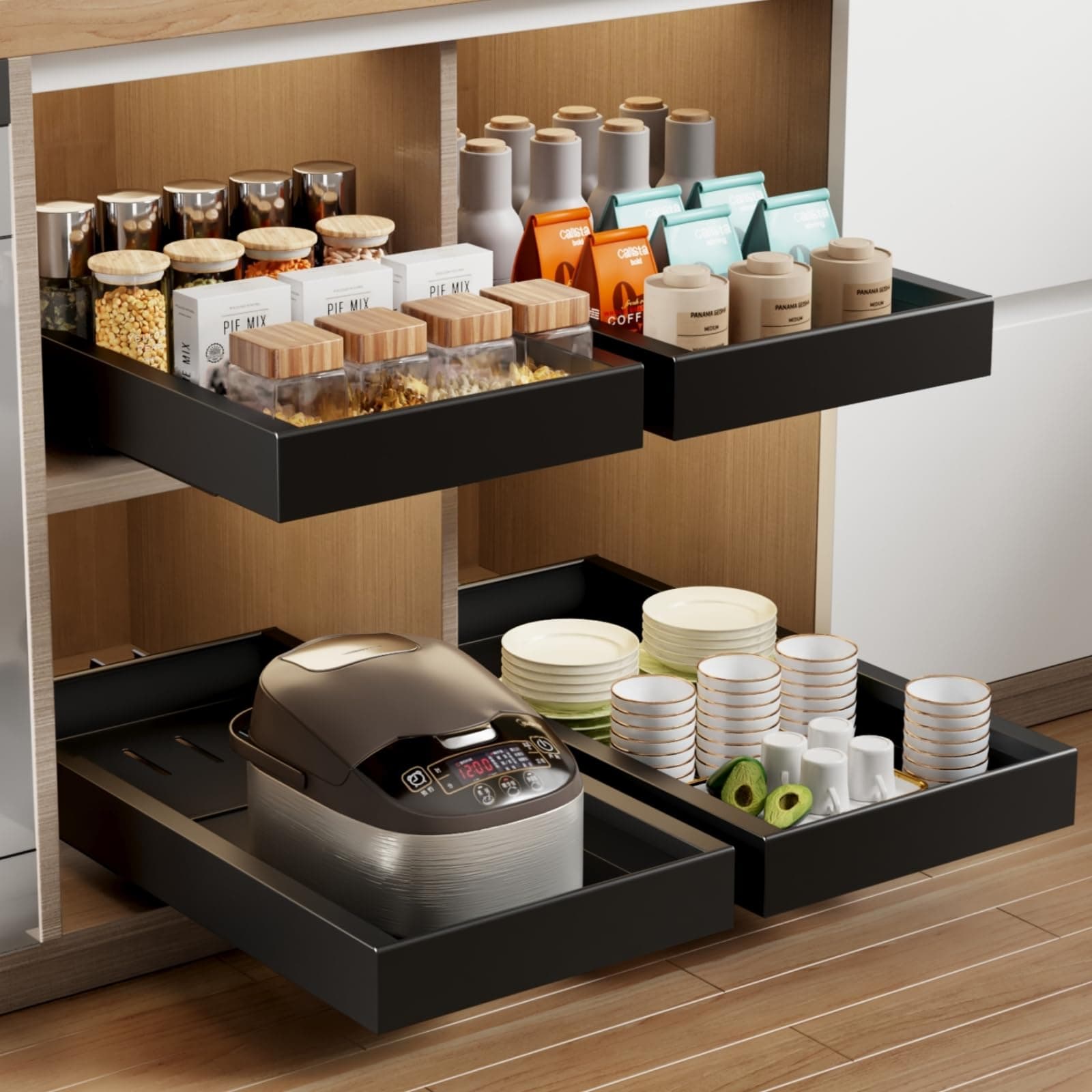 2 Pack Black Adhesive Pull Out Cabinet Organizer for Kitchen, Cupboard & Pantry