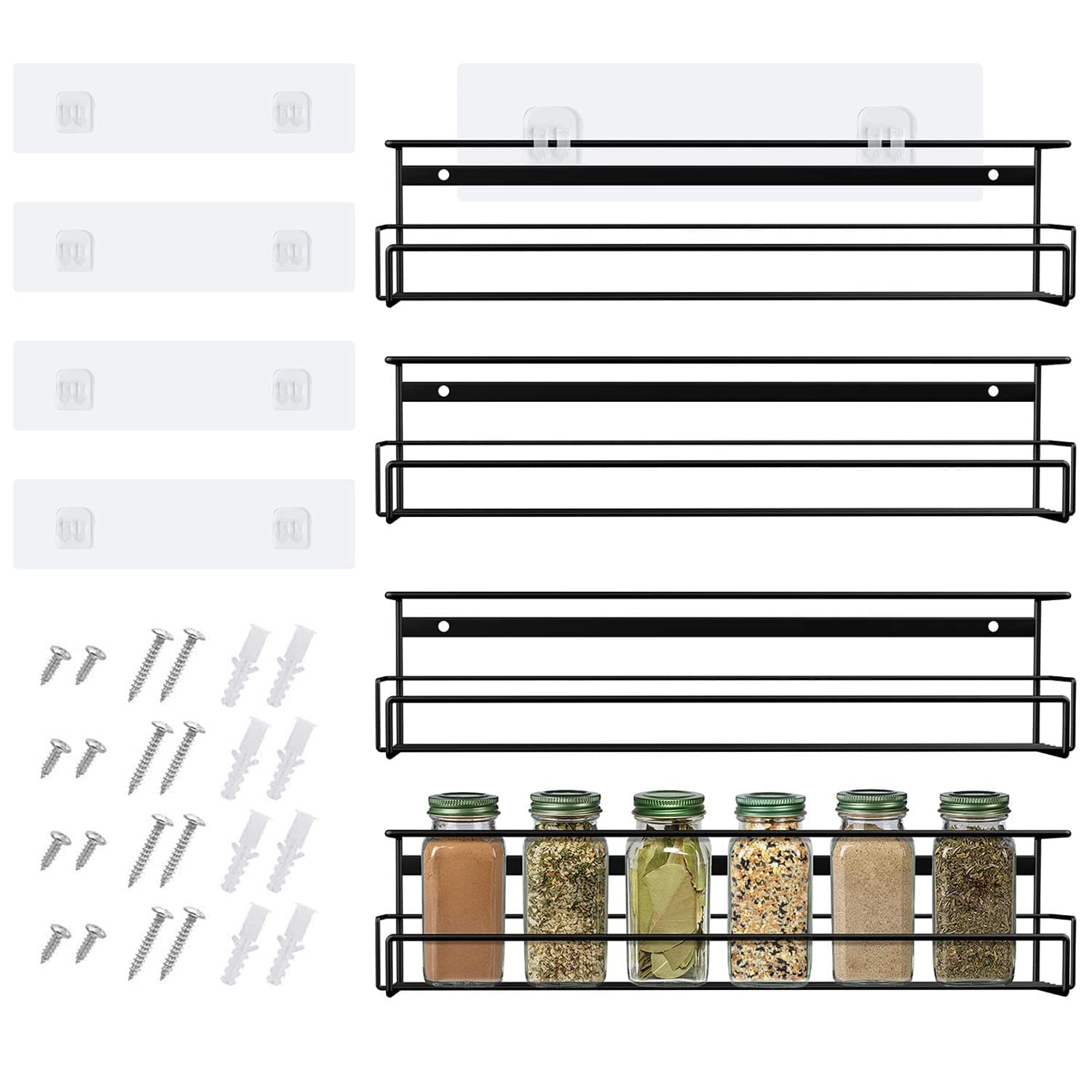 Wall Mounted Spice Rack Organizer Set for Cabinet Door - 4 Hanging Shelves for Spice Jars (Black)