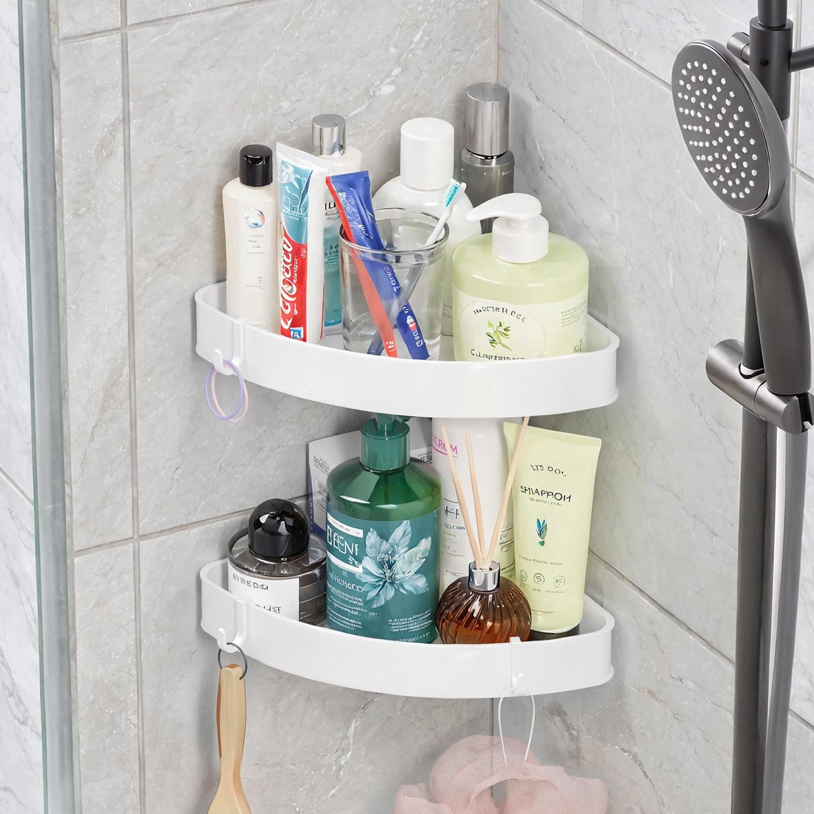 2 Pack Adhesive White Corner Shower Caddy, Rustproof Plastic Shelving with 4 Hooks, Space-Saving Bathroom Organizer