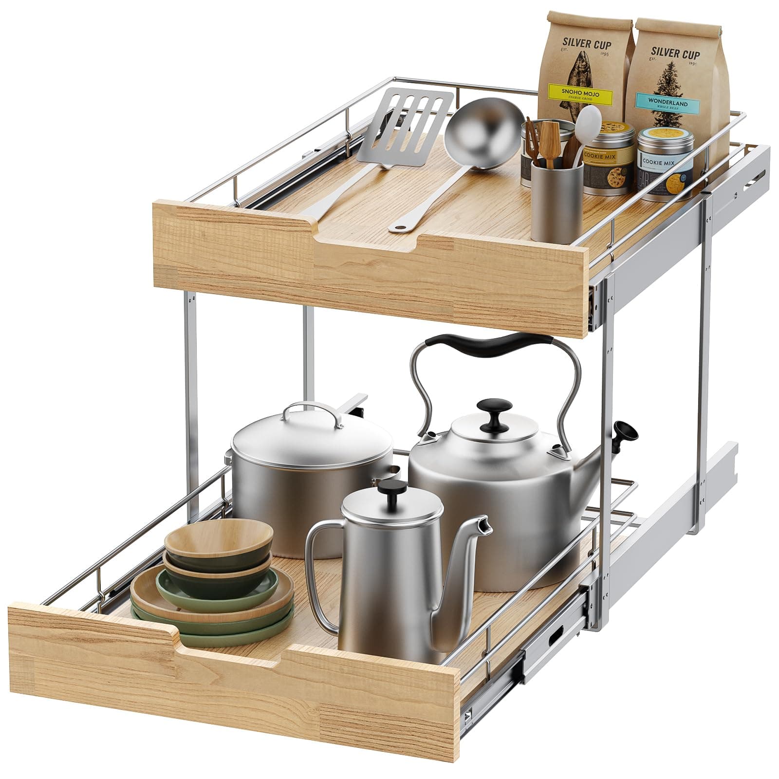 Heavy-Duty Pull-Out Cabinet Organizer for Kitchen and Pantry, 20" x 21" Wood & Wirebasket