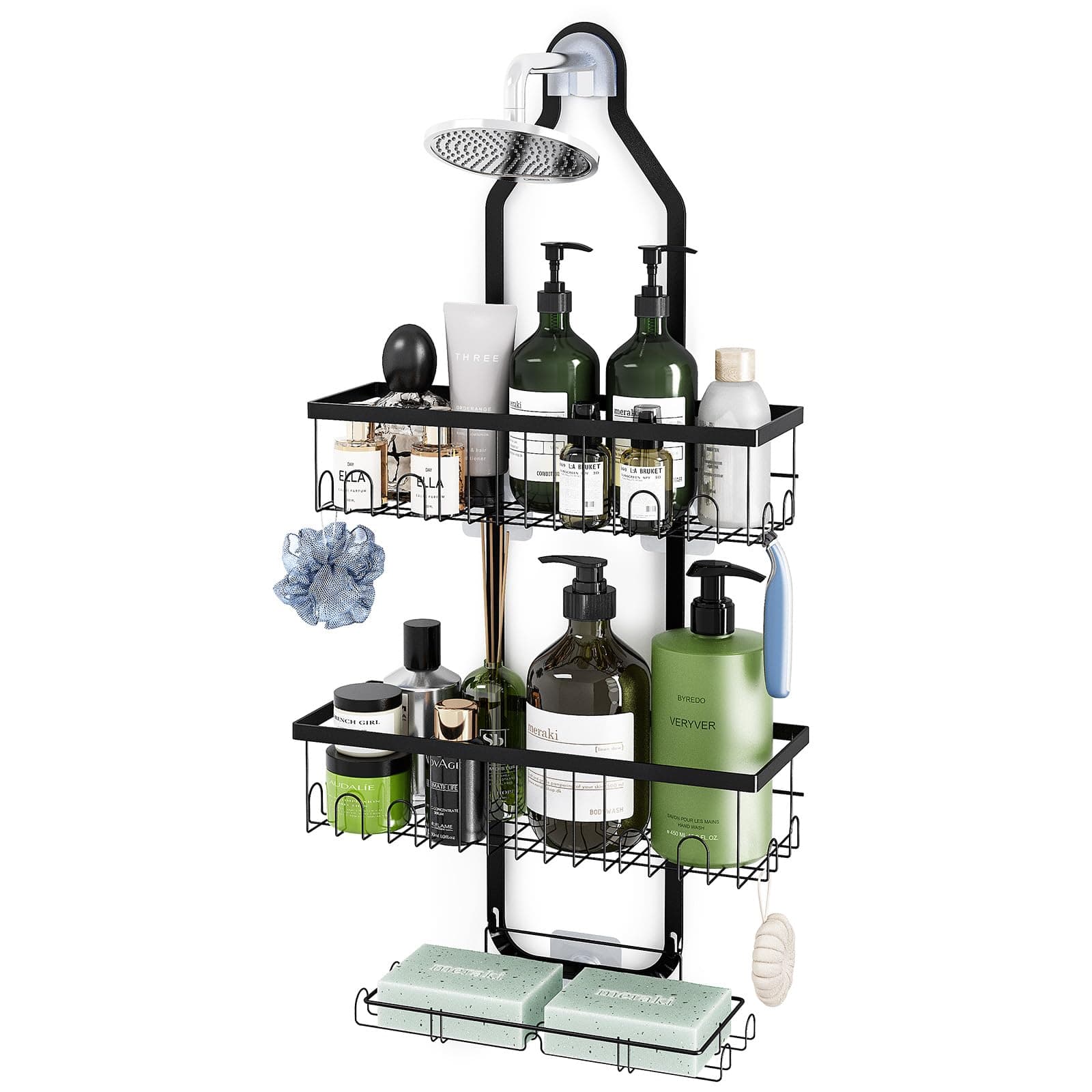 Fixwal Adjustable Height Black Shower Organizer with Hooks and Soap Holders