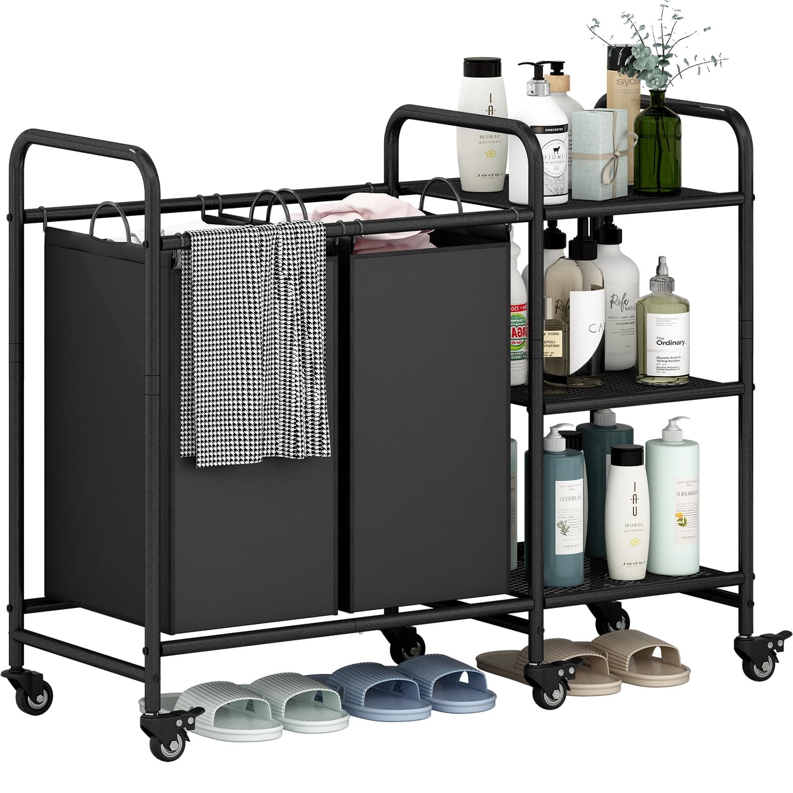 LINZINAR 2 Bag Laundry Basket Sorter with Storage Shelf, Black
