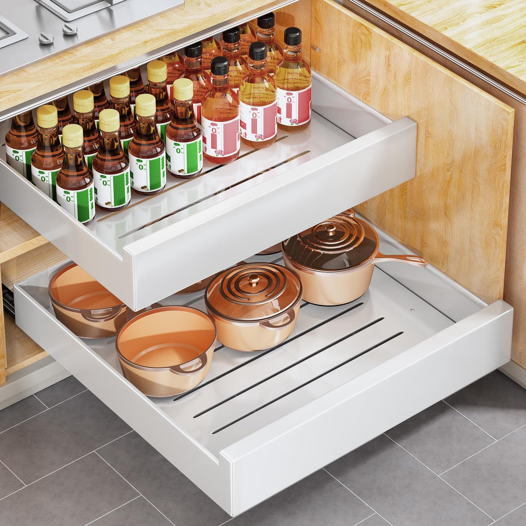 Top Pull Out Cabinet Organizer for Kitchen and Bathroom - 21 Deep, Slide Out Drawers, Under Sink Storage.