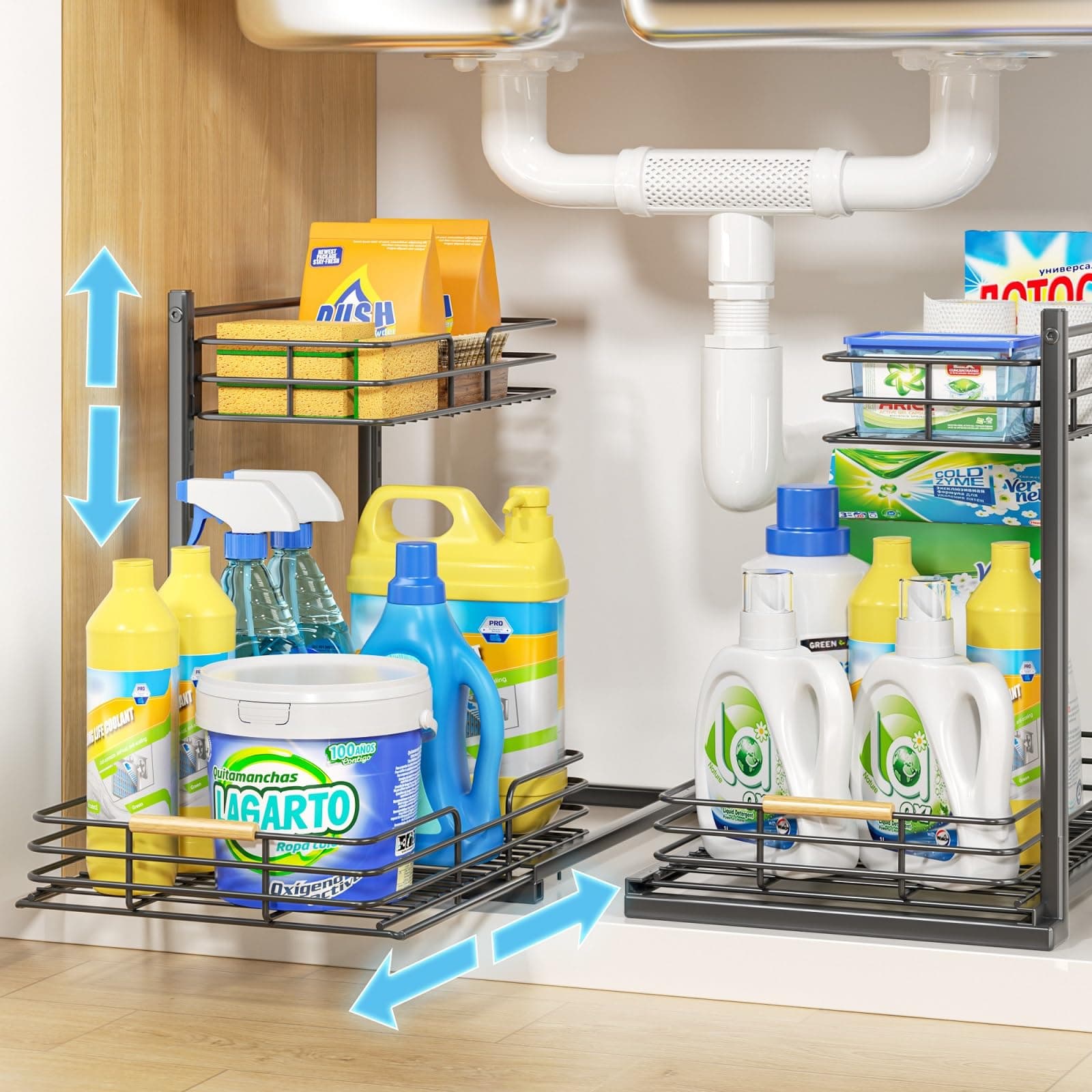 Delamu Height Adjustable Under Sink Organizer, 2 Pack Storage Shelf for Kitchen & Bathroom