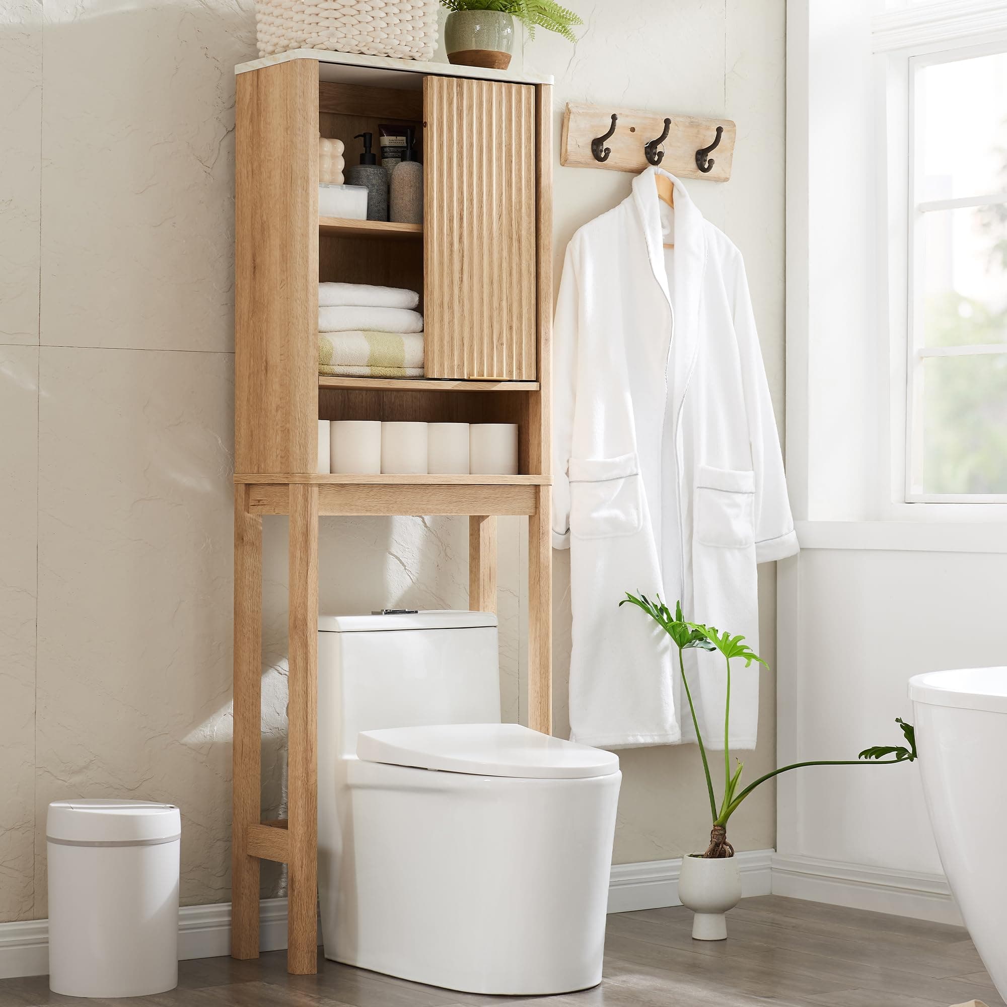 RedLemon Curved Profile Toilet Cabinet, 68" Tall, Faux Marble Top, Adjustable Shelf, Natural Oak