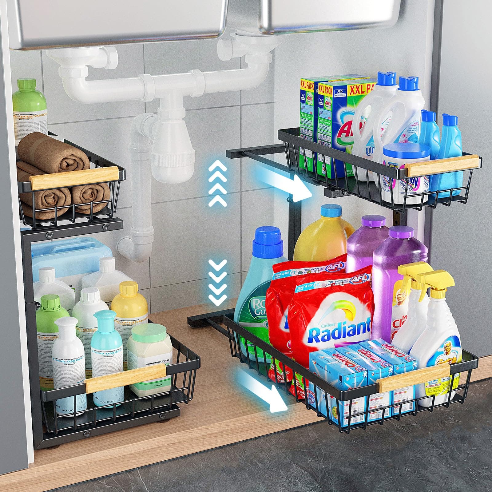2 Pack Large Metal Under Sink Organizers for Kitchen & Bathroom