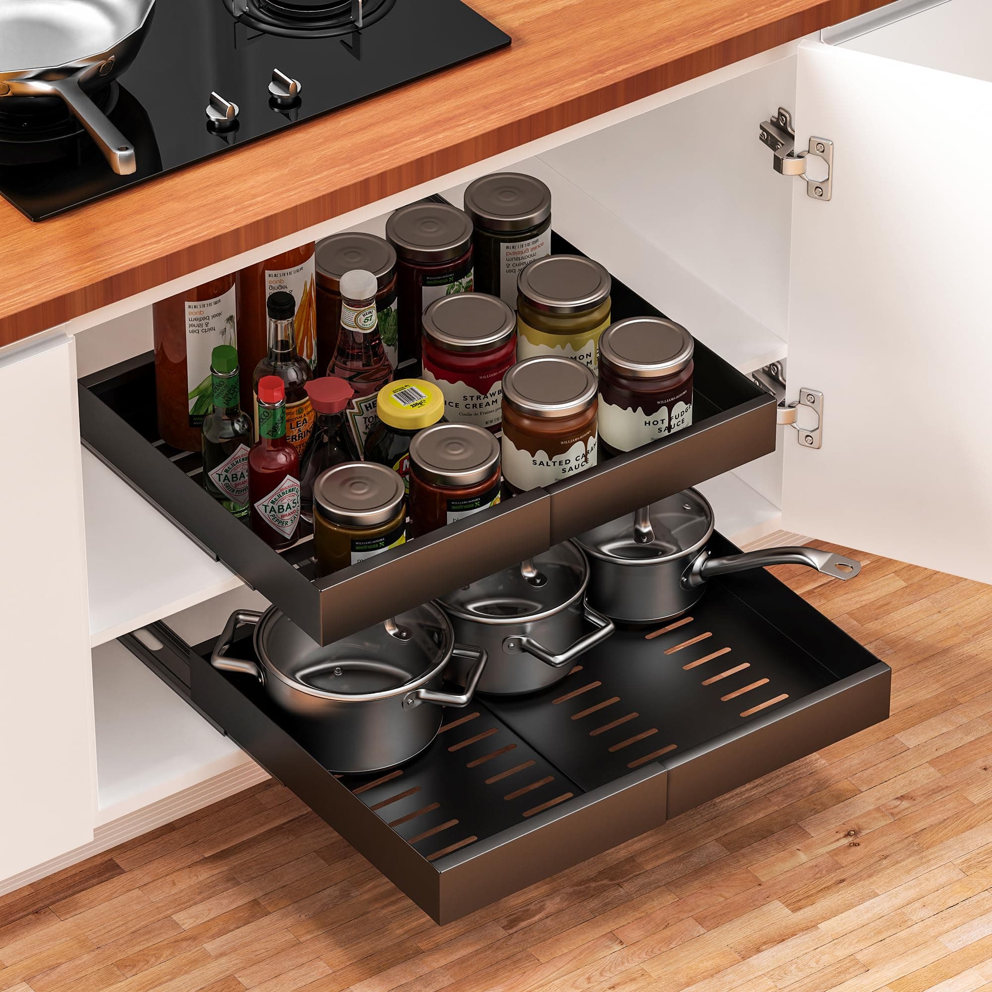 Expandable Heavy Duty Cabinet Organizer, Adhesive Slide Out Shelves for Kitchen & Under Sink