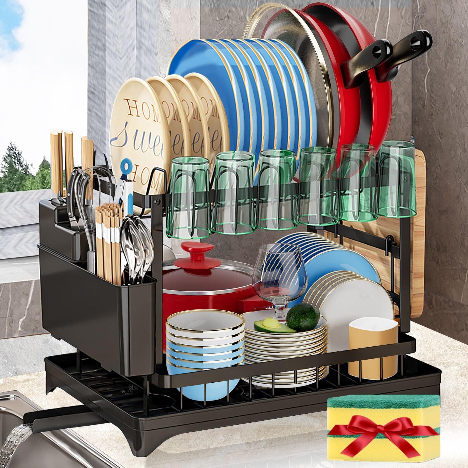 2-Tier Large Stainless Steel Dish Drying Rack with Drainboard for Kitchen Counter, Black