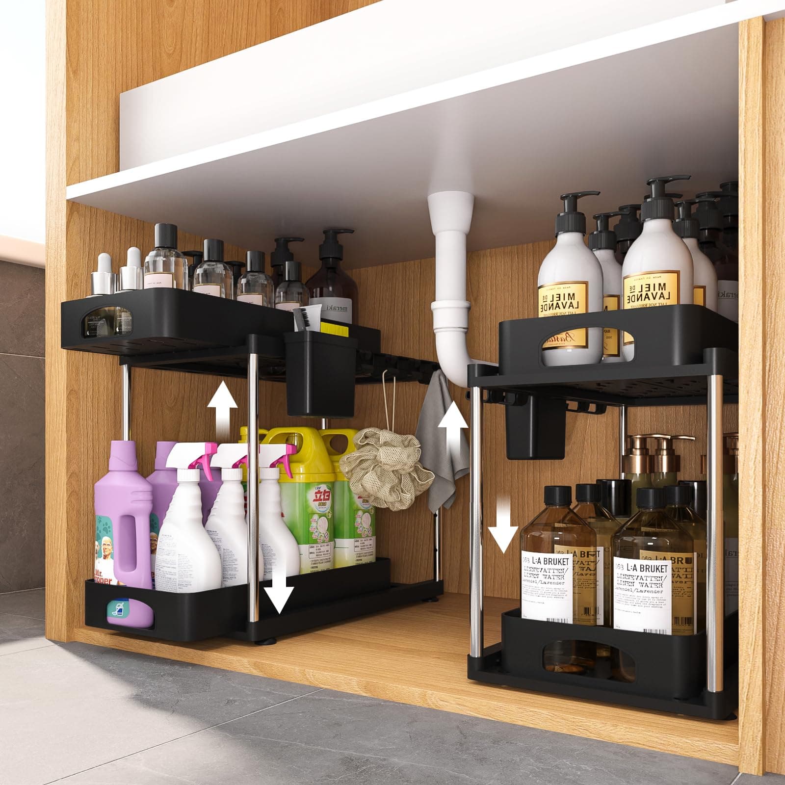 2-Tier Under Sink Organizer, Adjustable Kitchen & Bathroom Storage, Black