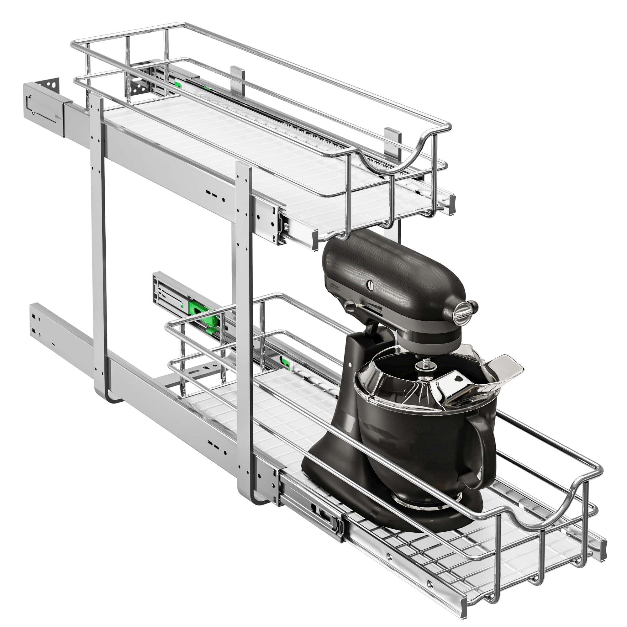 WelFurGeer 2-Tier Stainless Steel Cabinet Organizer with Soft Close Slides and Chrome Wire Basket