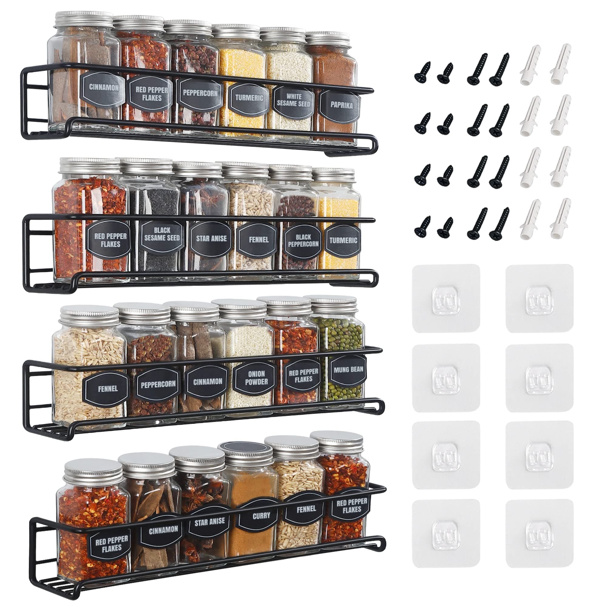 Wall Mount Spice Rack - 4-Tier Iron Organizer for Spice Jars and Seasonings