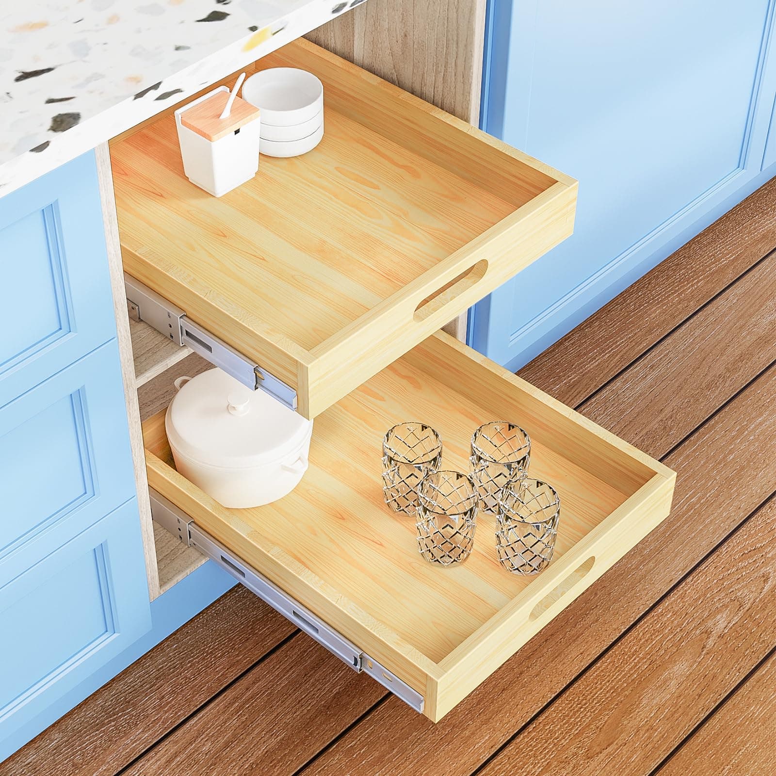 Soft Close Slide Out Cabinet Organizer, 15" x 21" Wood Shelves for Kitchen Cabinets