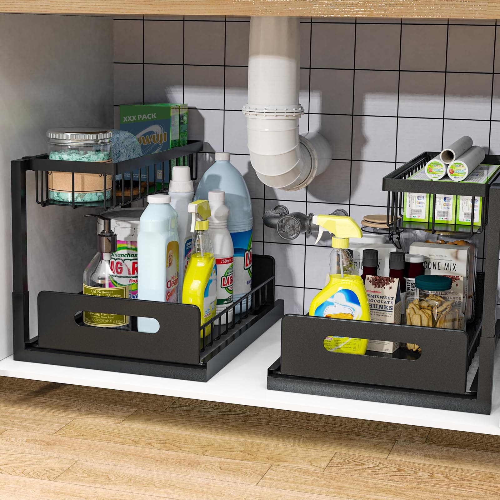 Bukfen 2-Tier Slide Out Under Sink Cabinet Organizer, 2 Pack