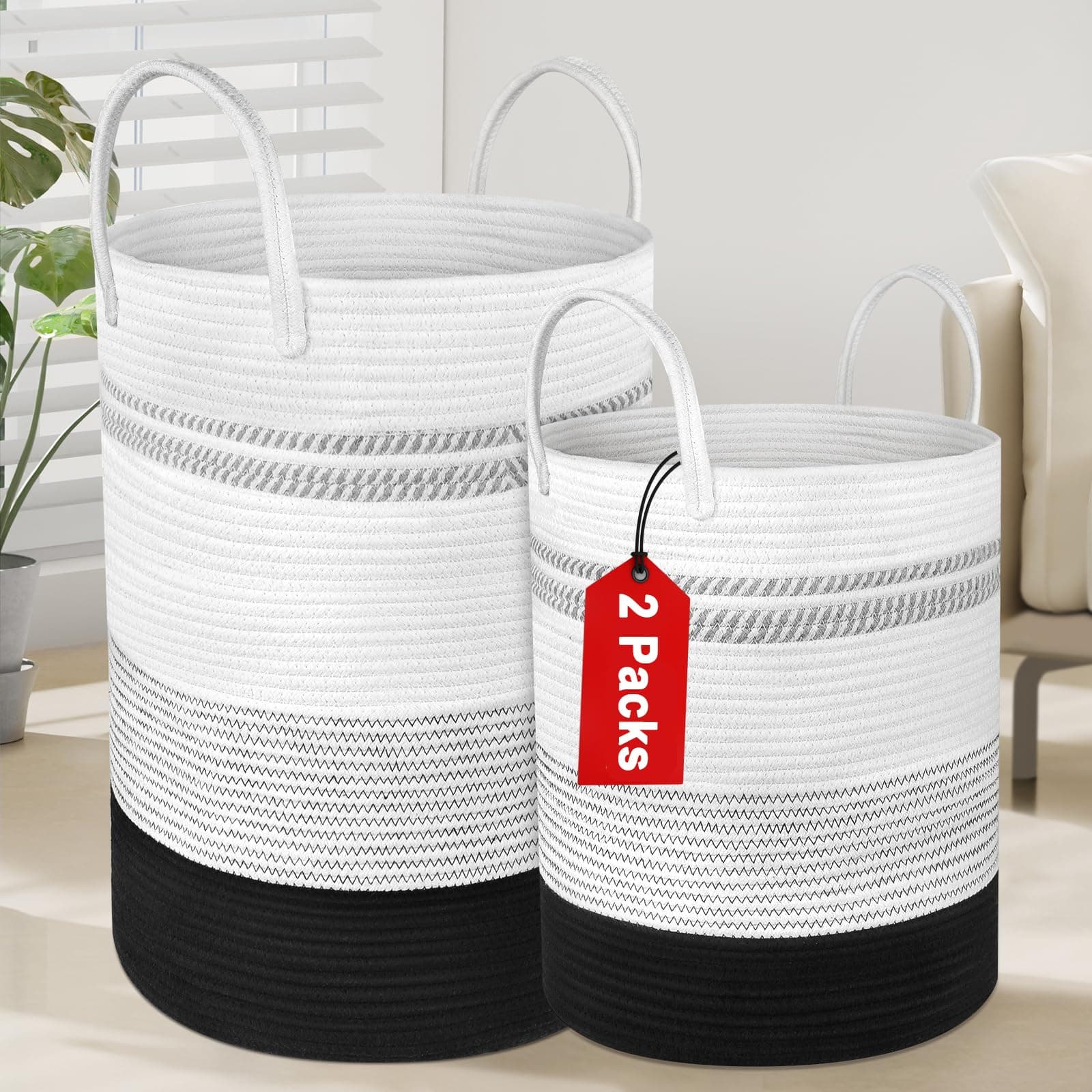 2-Pack Large Tall Rope Laundry Baskets, 58L & 28L Black, Living Room & Bedroom Storage